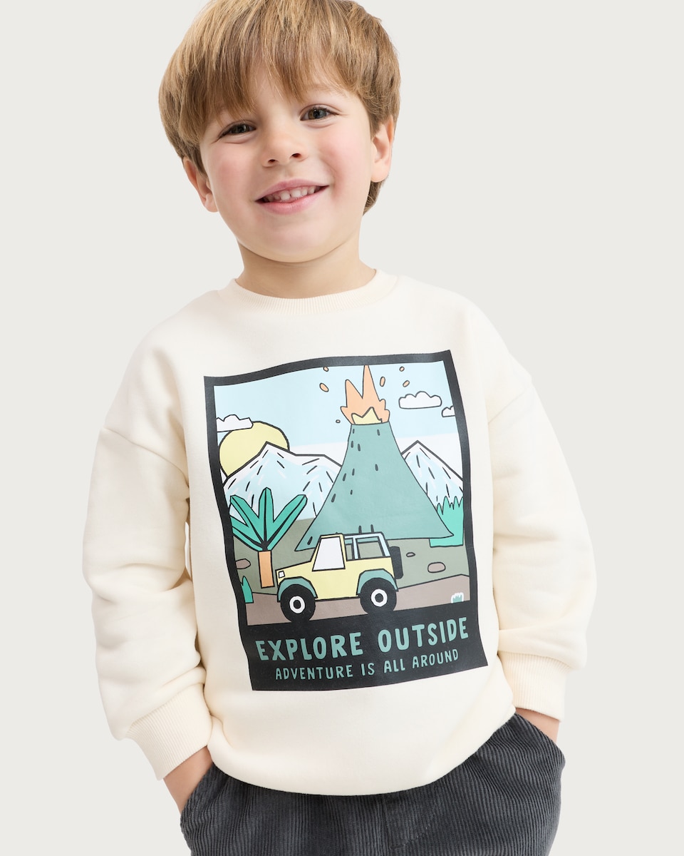 image 1 of F&F Boys Cotton Rich Explore Outside Adventure Sweatshirt in Cream