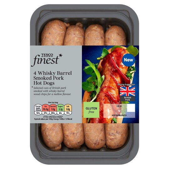 Tesco Finest 4 Whisky Barrel Smoked Pork Hot Dogs 400G Tesco Groceries