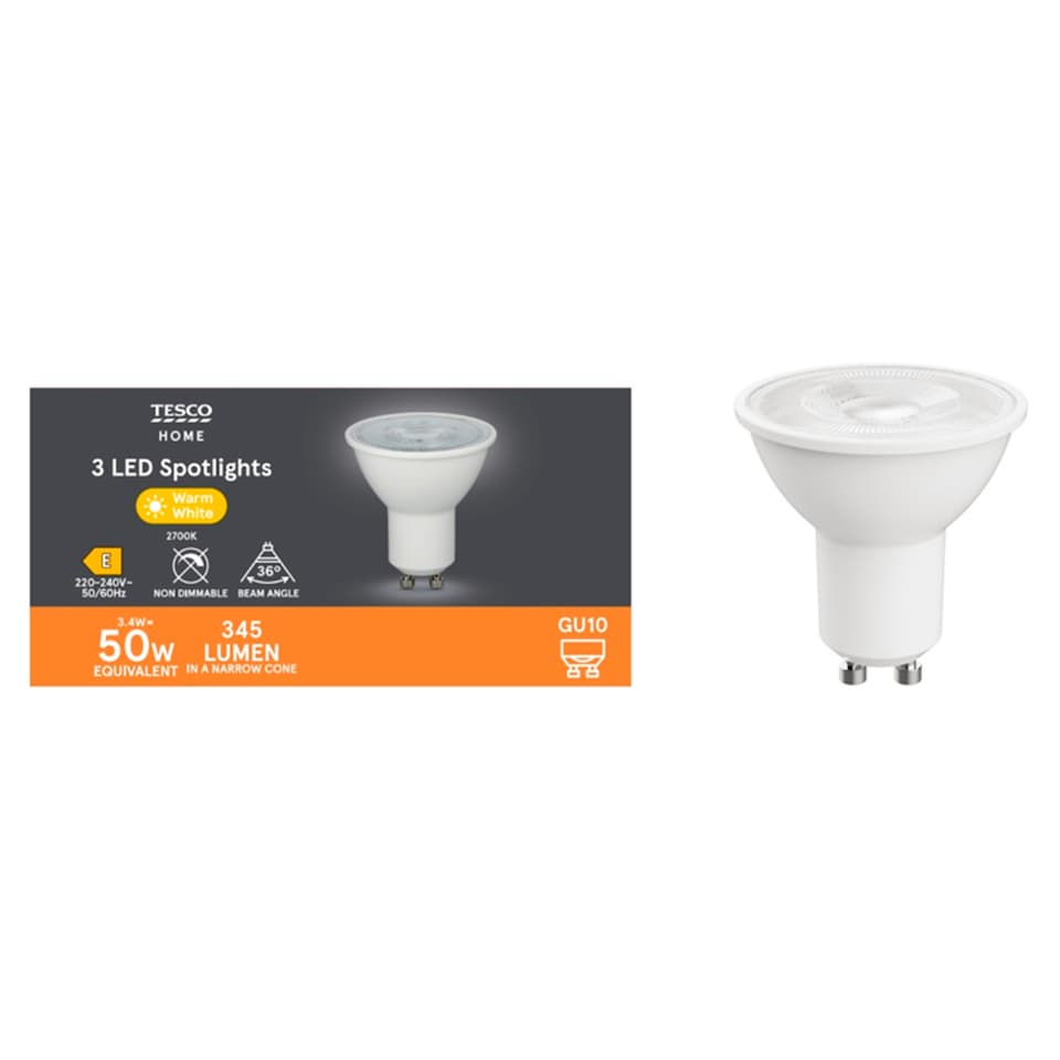 Tesco Led Spotlight Warm White 50W Gu10 3 Pack