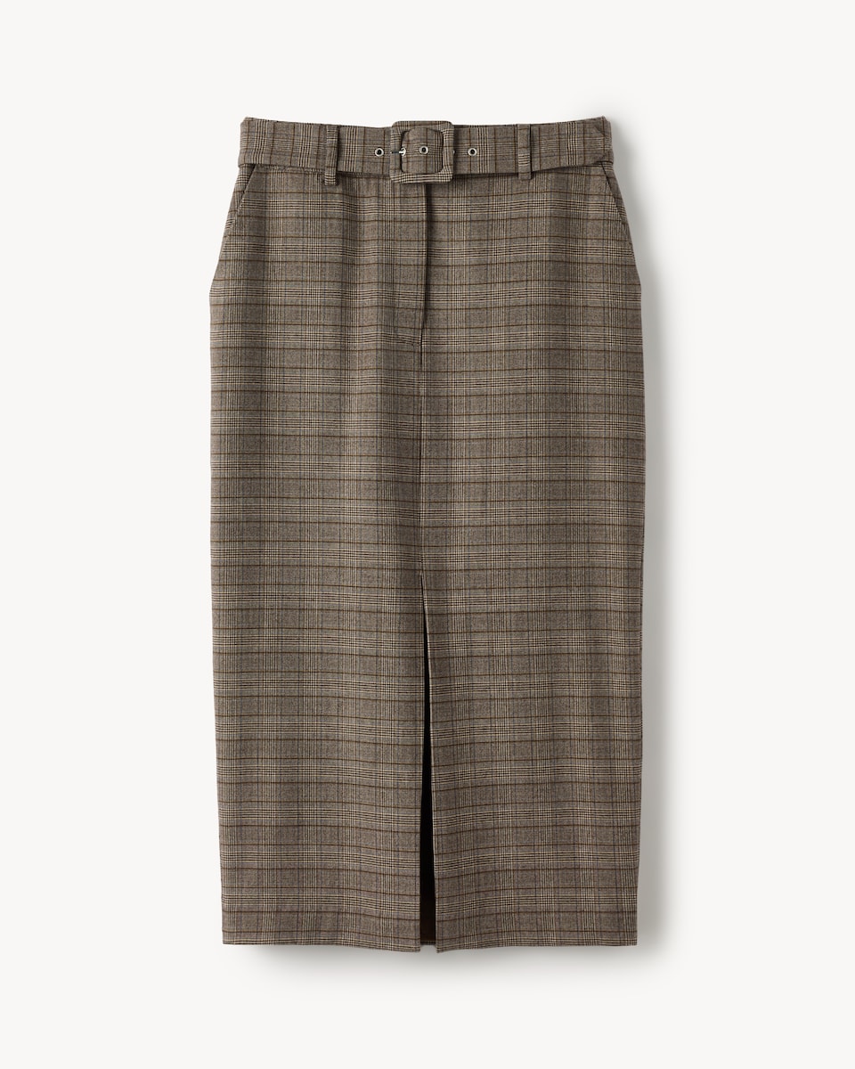 image 1 of F&F Check Belted Midi Skirt in Multi Brown