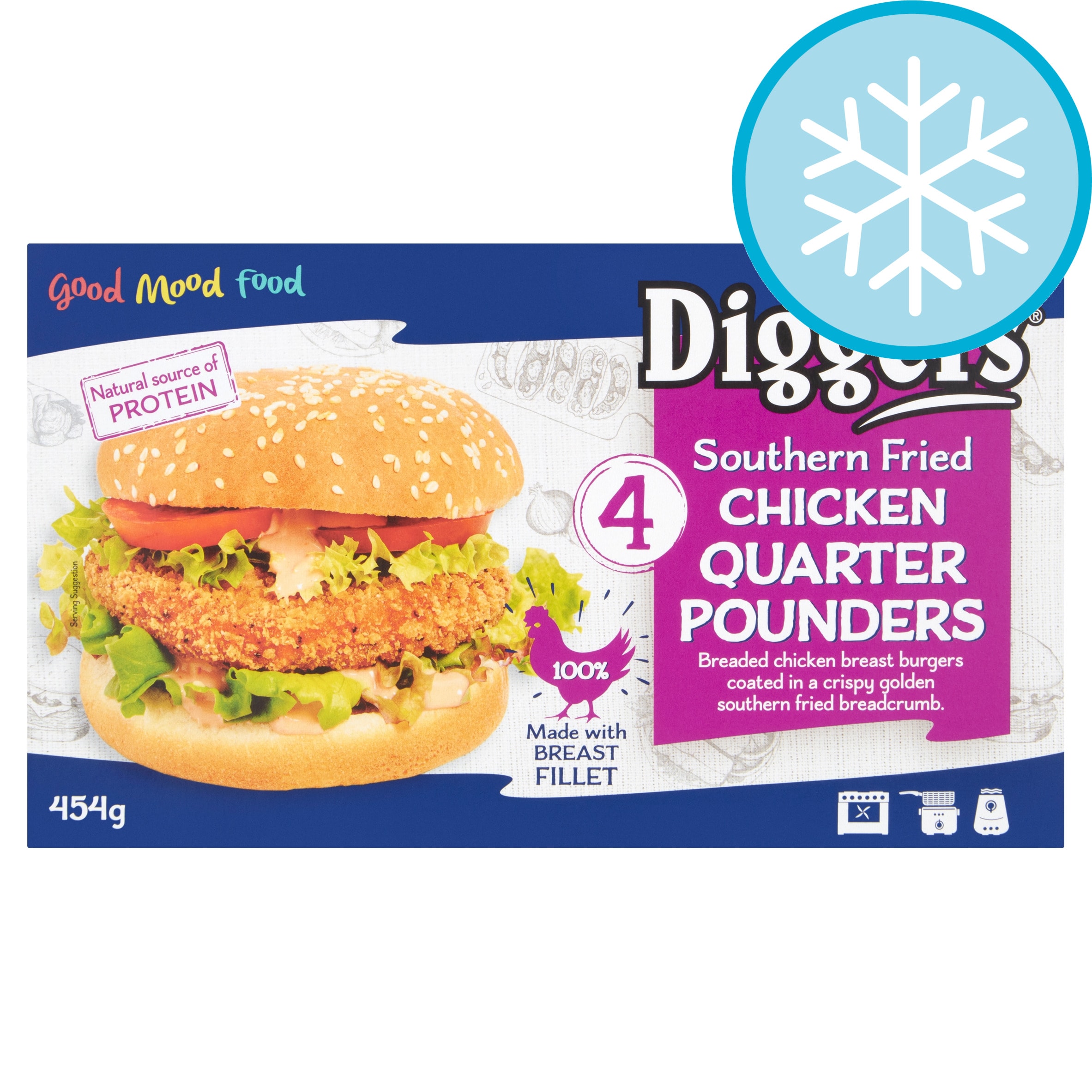 Diggers 4 Southern Fried Chicken Quarter Pounders 454G - Tesco Groceries