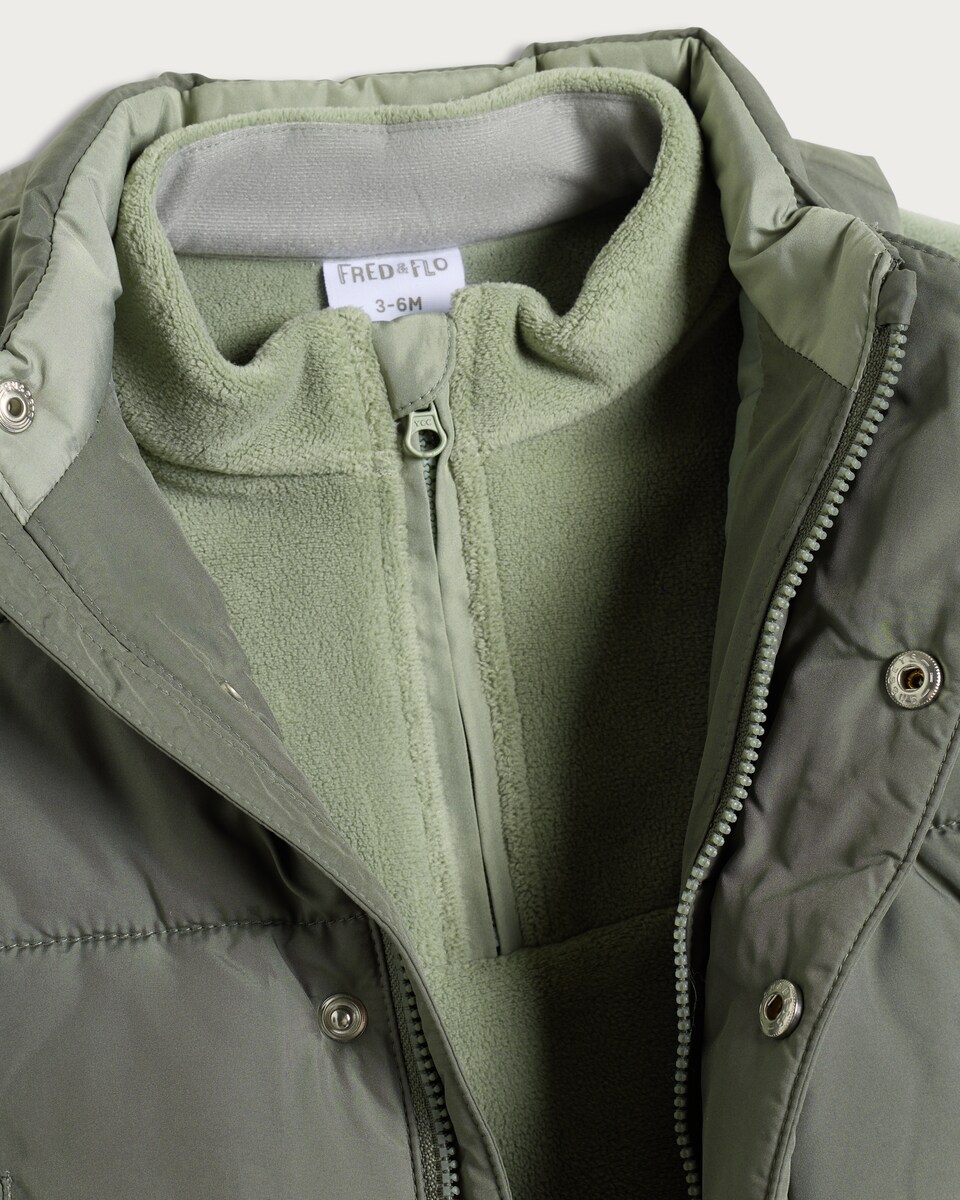 image 1 of F&F Baby 3-Piece Padded Gilet, Fleece Sweatshirt and Joggers Set in Green