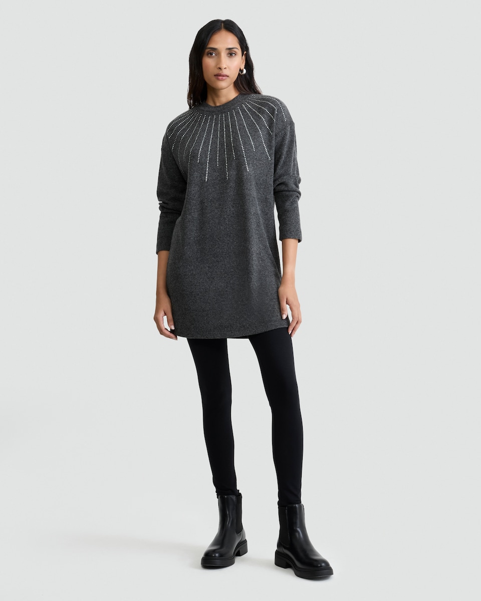 image 1 of F&F Diamanté Embellished Long Sleeved Tunic in Grey