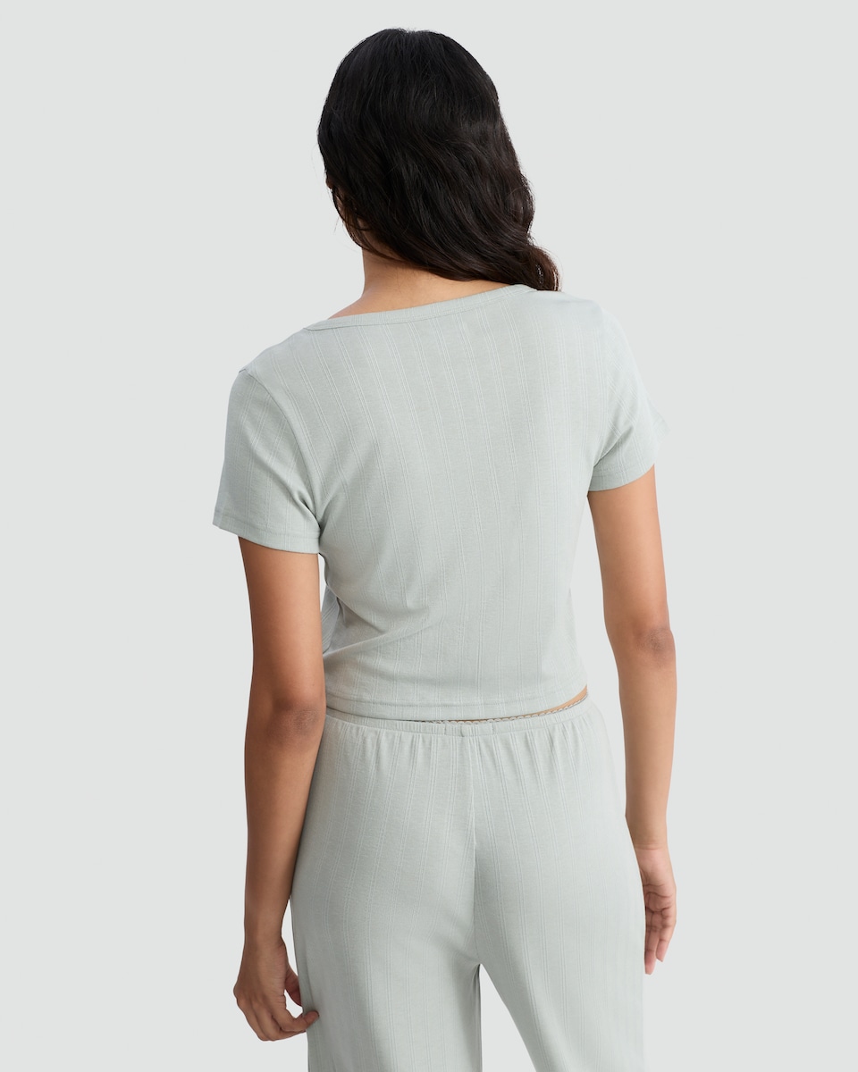 image 1 of Rise by Zara McDermott Pointelle Short Sleeved Pyjama T-Shirt in Green