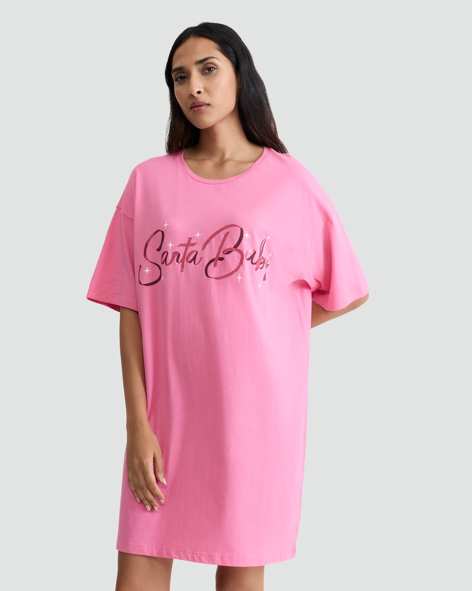 image 1 of F&F Pure Cotton Santa Baby Foil Slogan Nightdress in Pink