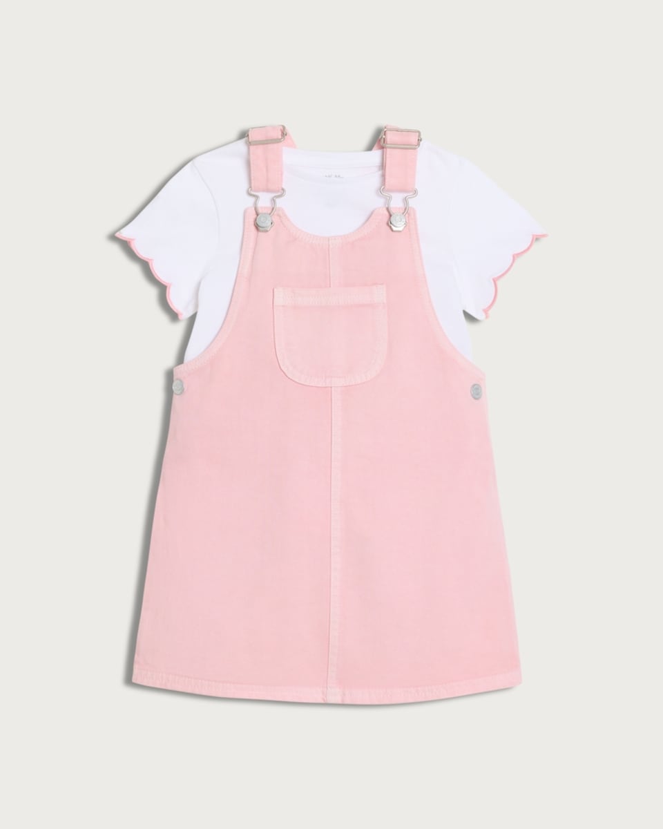 image 1 of F&F Girls 2-Piece Pure Cotton Denim Pinafore Dress and T-Shirt Set in Pink