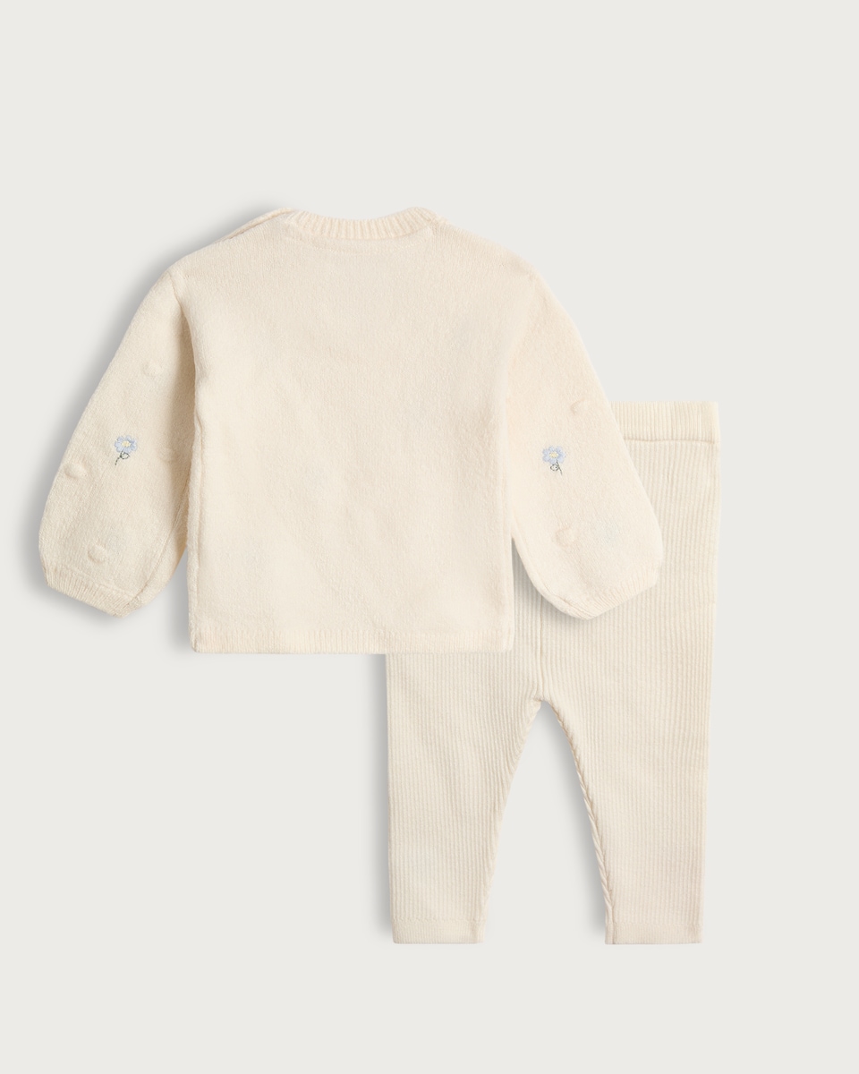 image 1 of F&F Baby 2-Piece Knitted Floral Embroidered Jumper and Legging Set in Cream