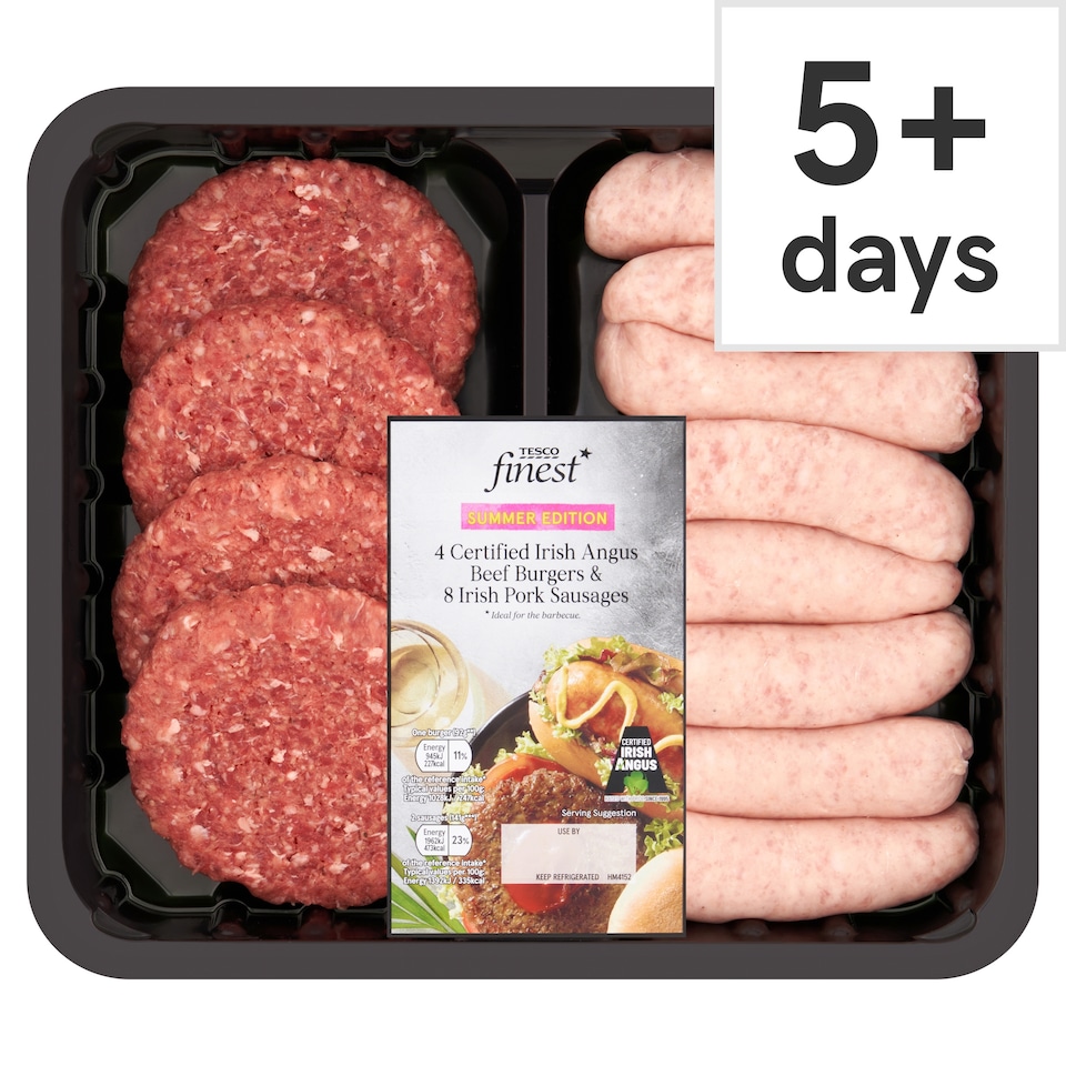 Tesco Finest 4 Certified Irish Angus Beef Burgers and 8 Irish Pork Sausages 1.06kg
