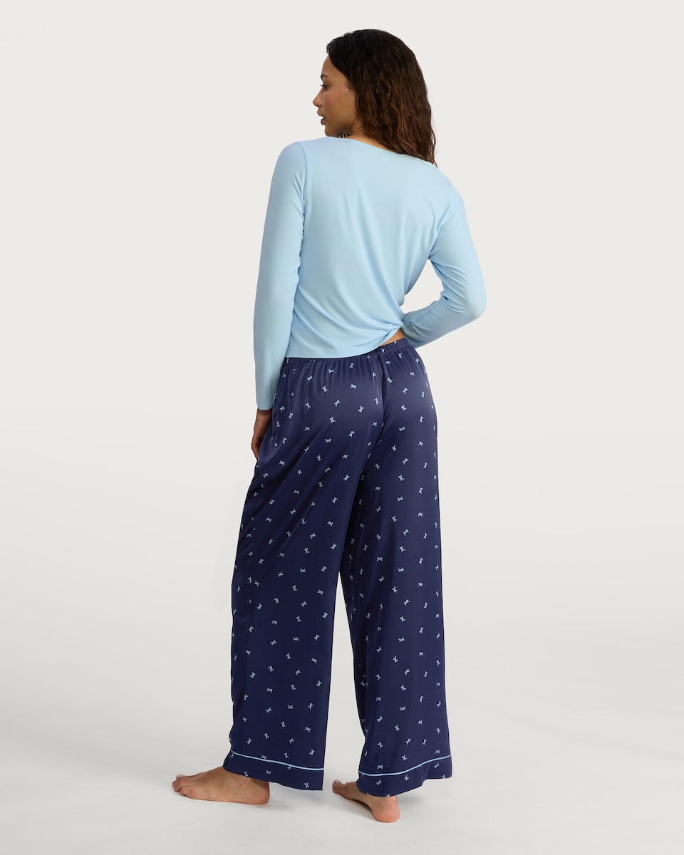 image 1 of F&F Ribbed Scoop Neck Bow Print Pyjama Set in Multi Blue