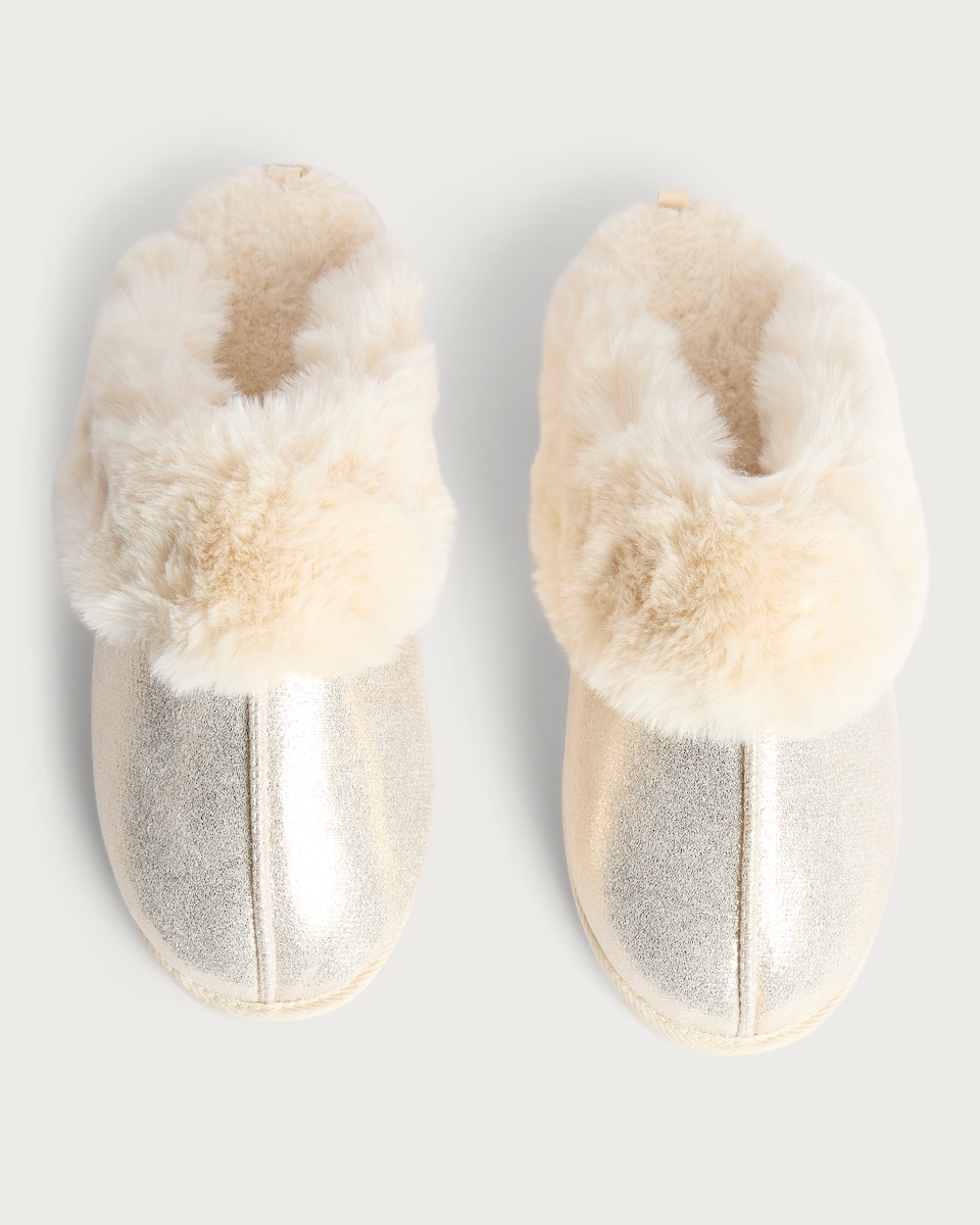 image 1 of F&F Metallic Faux Fur Trim Mule Slippers in Gold