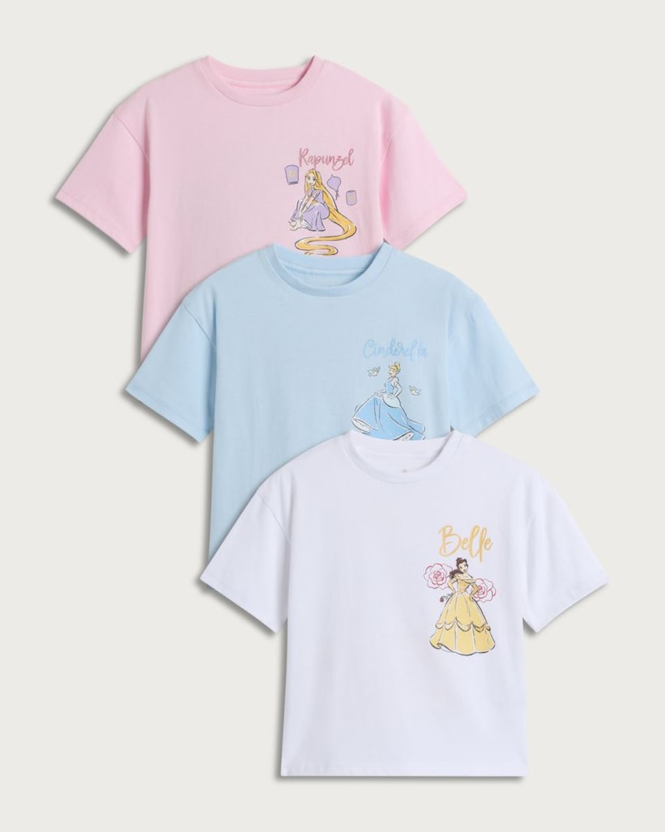 Disney Princess 3-Pack Pure Cotton T-Shirts in Multi