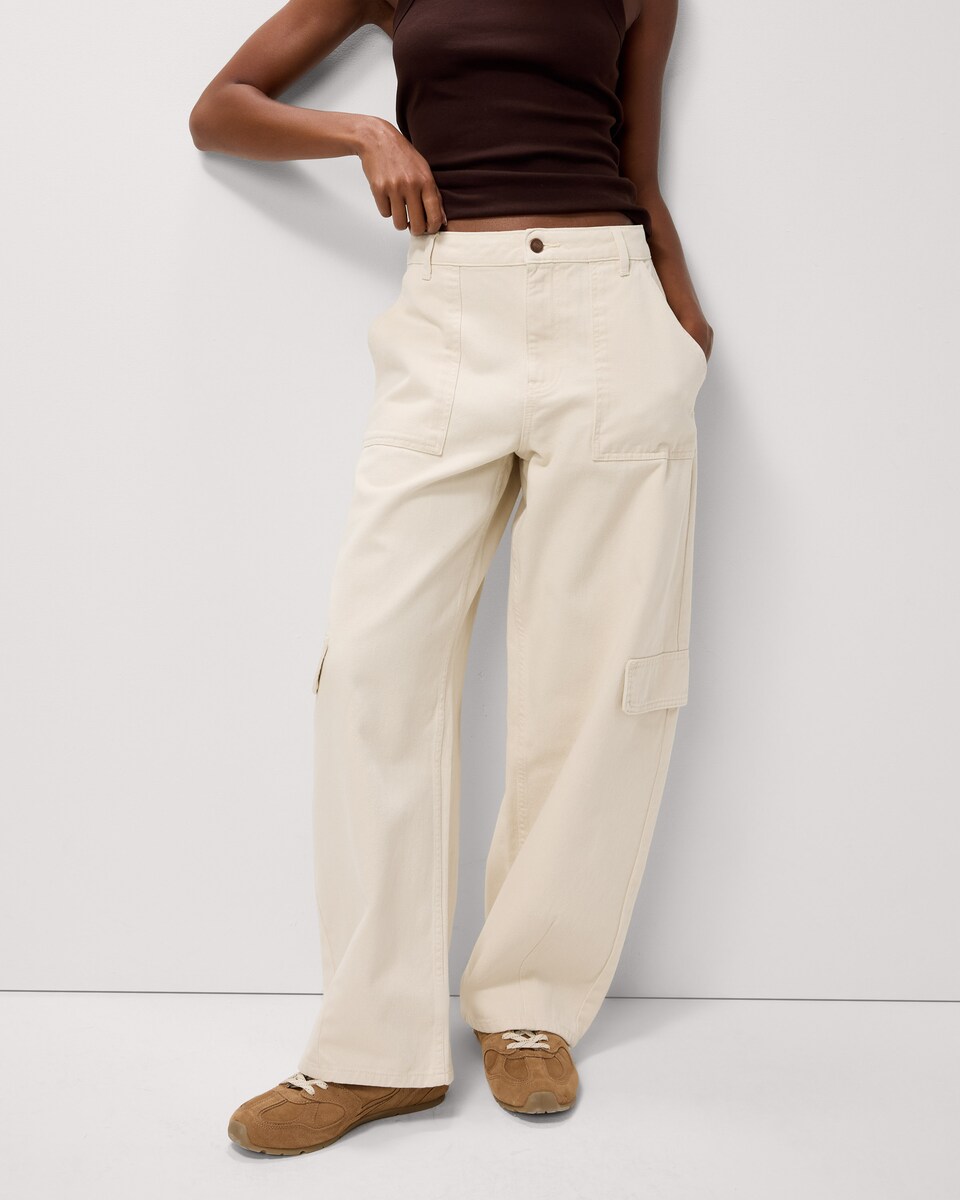 image 1 of F&F Pure Cotton Relaxed Fit Cargo Trousers in Cream