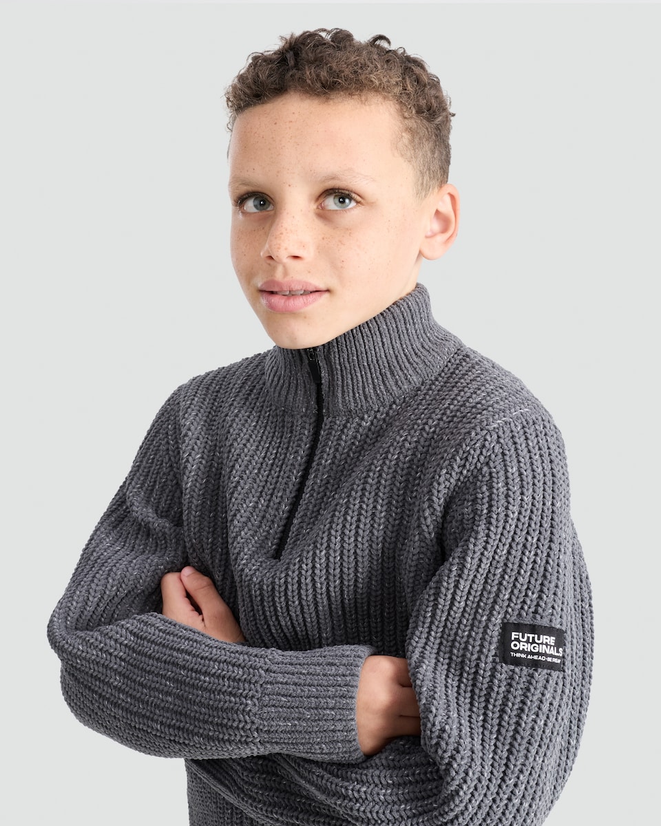 image 1 of F&F Boys Chenille Half-Zip Knitted Jumper in Khaki