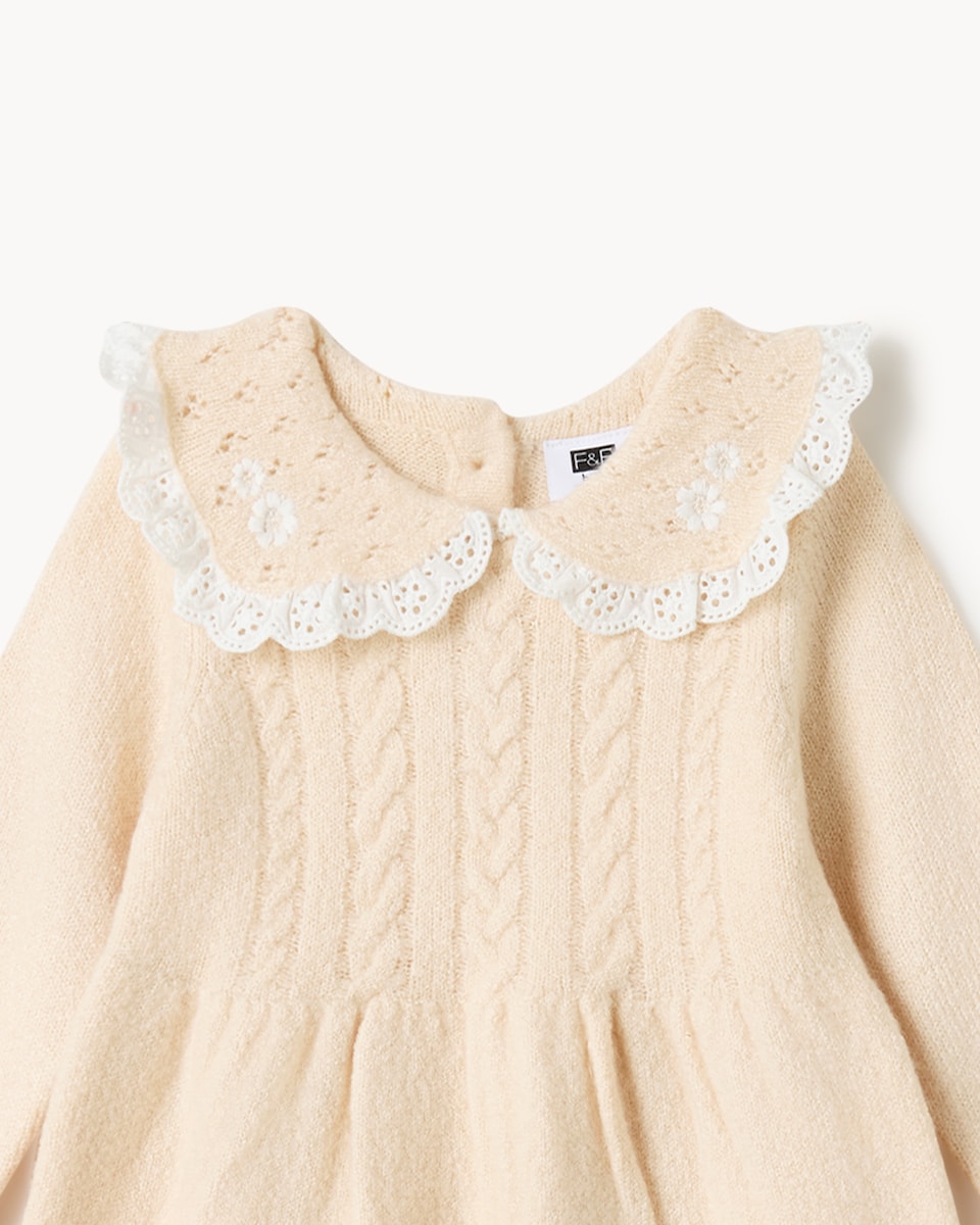 image 1 of F&F Baby Knitted Embroidered Dress and Tights Set in Brown