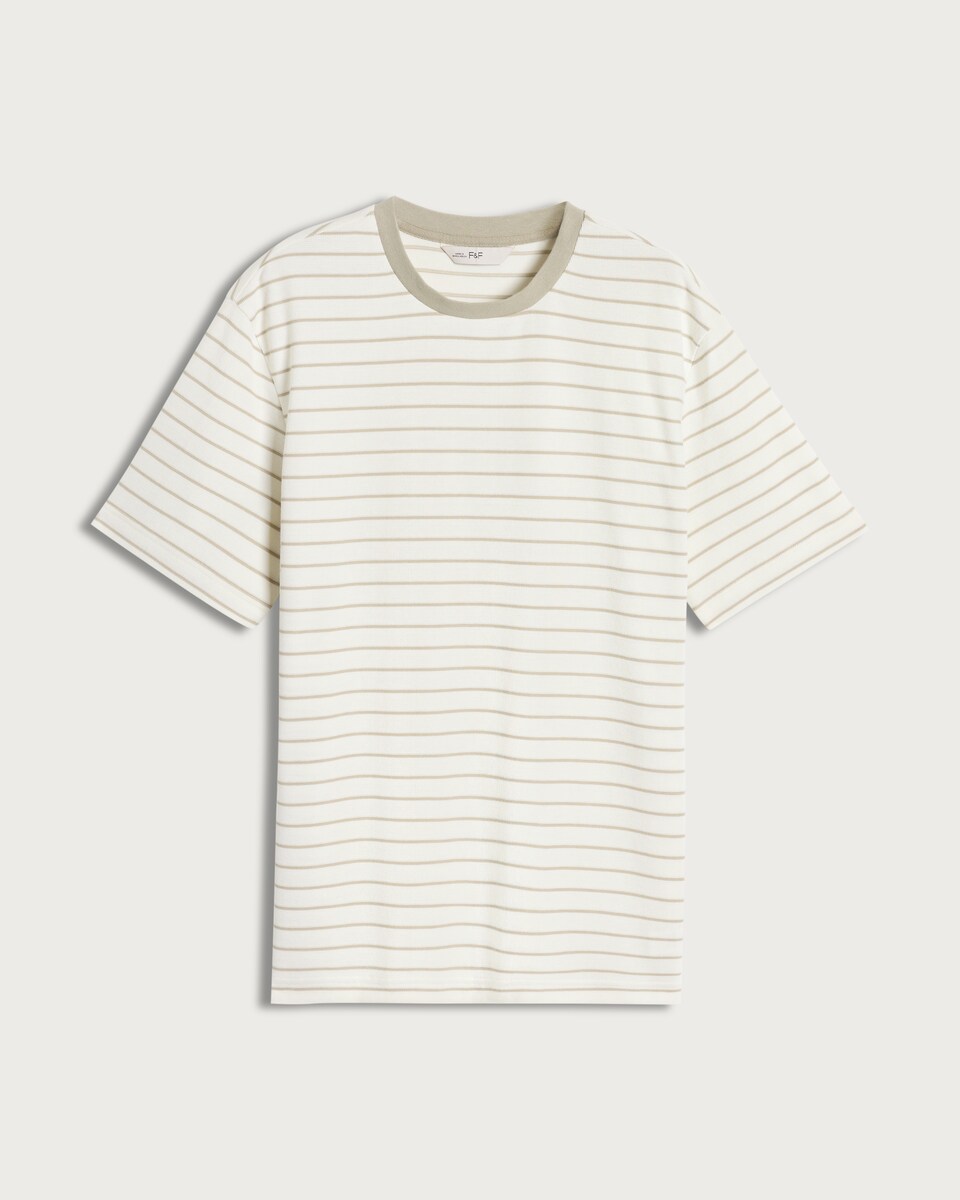 image 1 of F&F Cotton Rich Heavyweight Stripe Print Short Sleeved T-Shirt in Cream