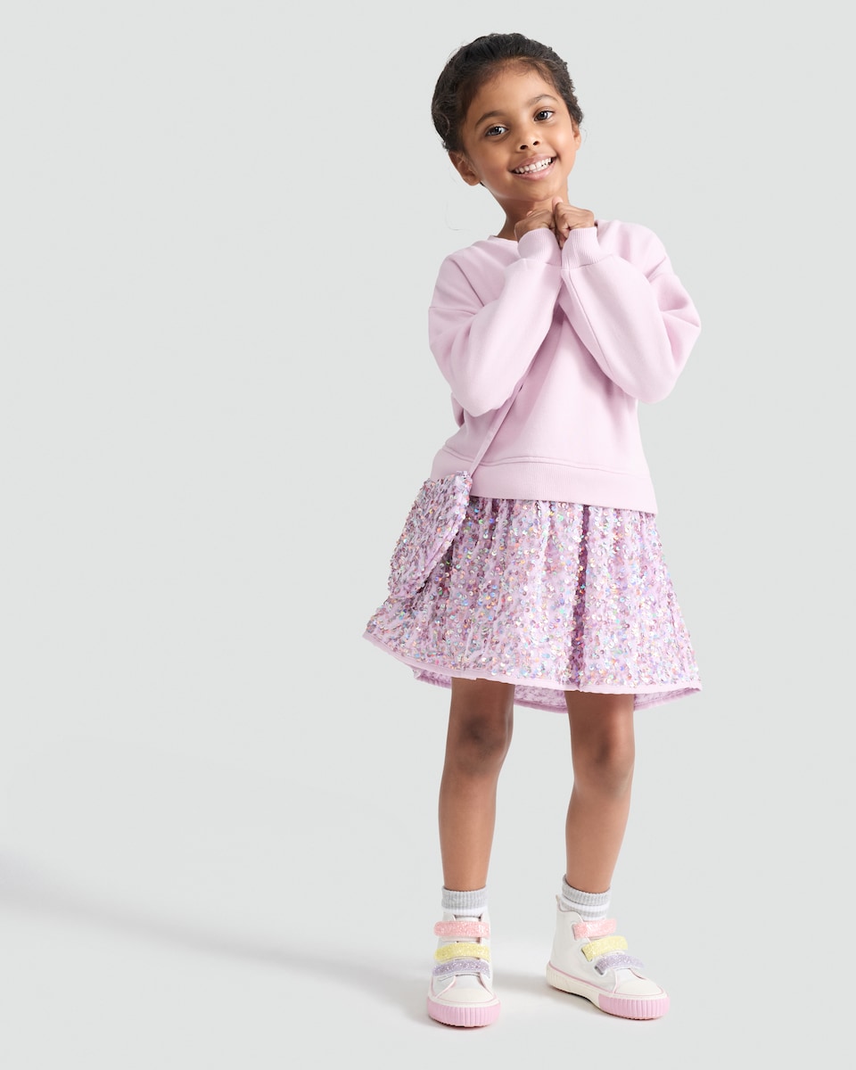 image 1 of F&F Girls 2-Piece Cotton Rich Sequin Twofer Dress and Heart Bag Set in Lilac