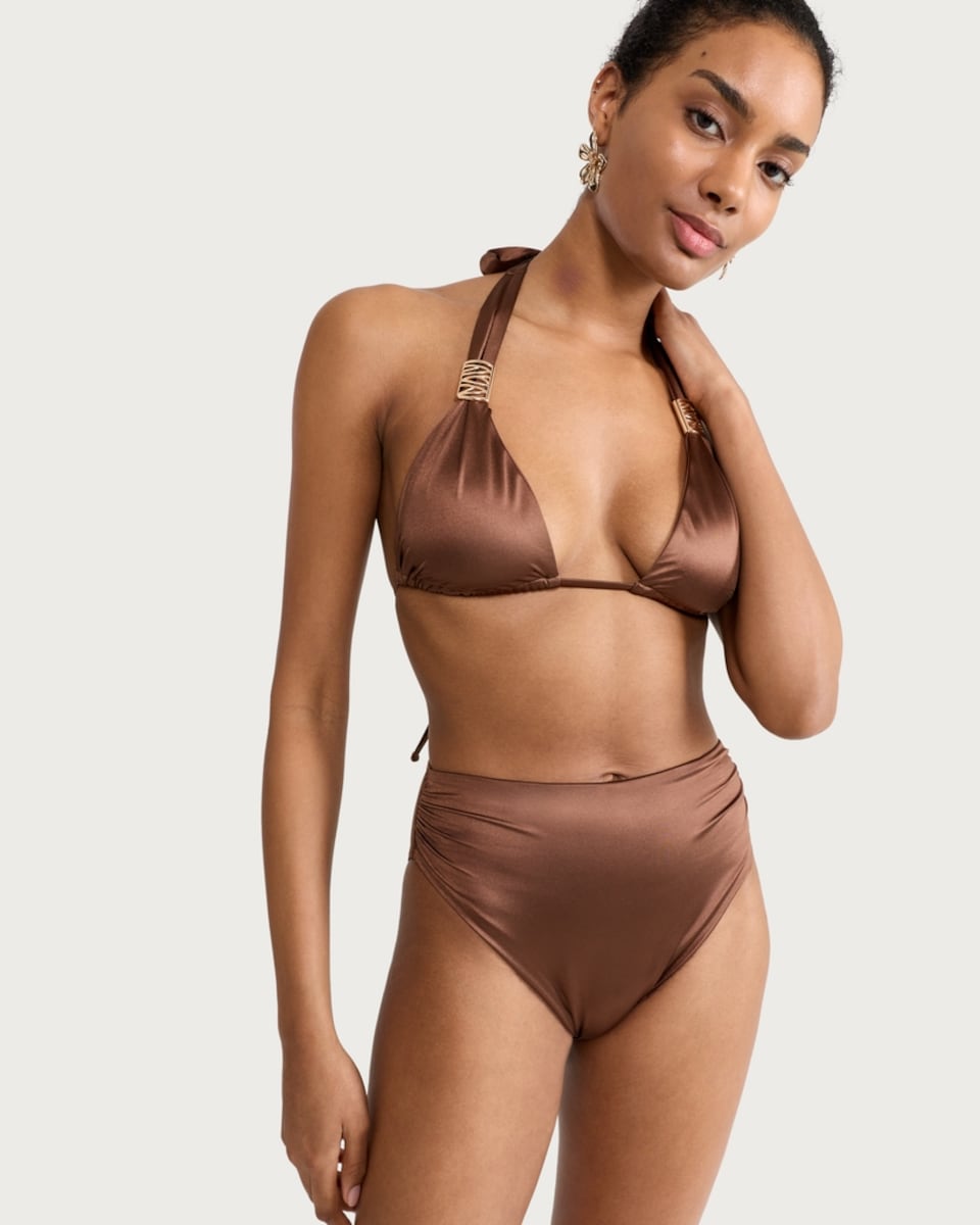 image 1 of F&F High Shine Ruched High Waisted Bikini Bottoms in Brown