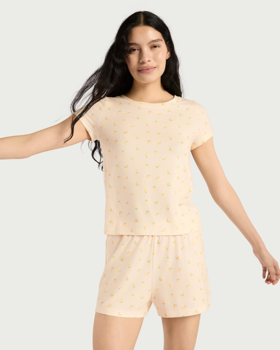 image 1 of F&F Textured Lemon Print Short Pyjama Set in Multi Yellow