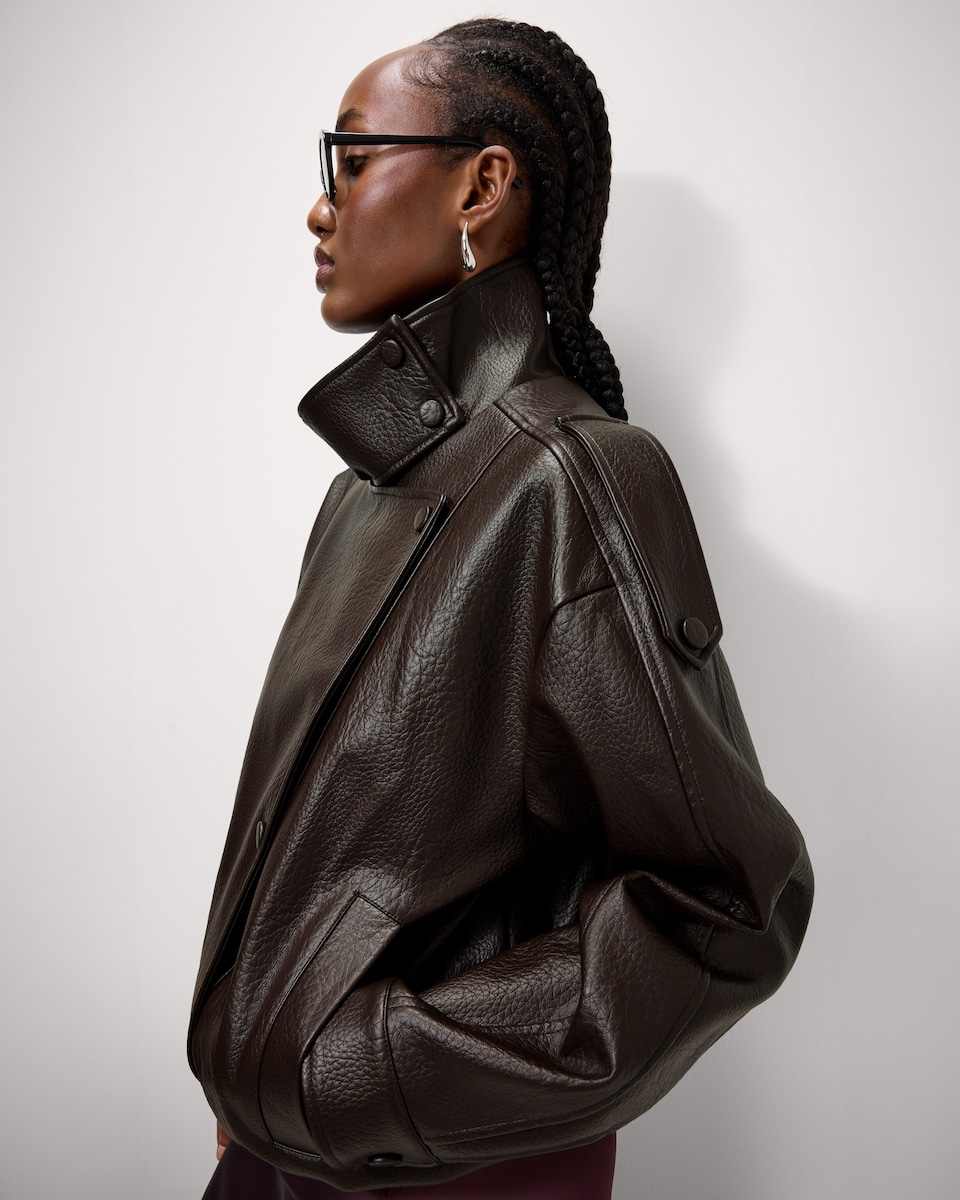 image 1 of F&F Faux Leather Funnel Neck Oversized Fit Jacket in Brown