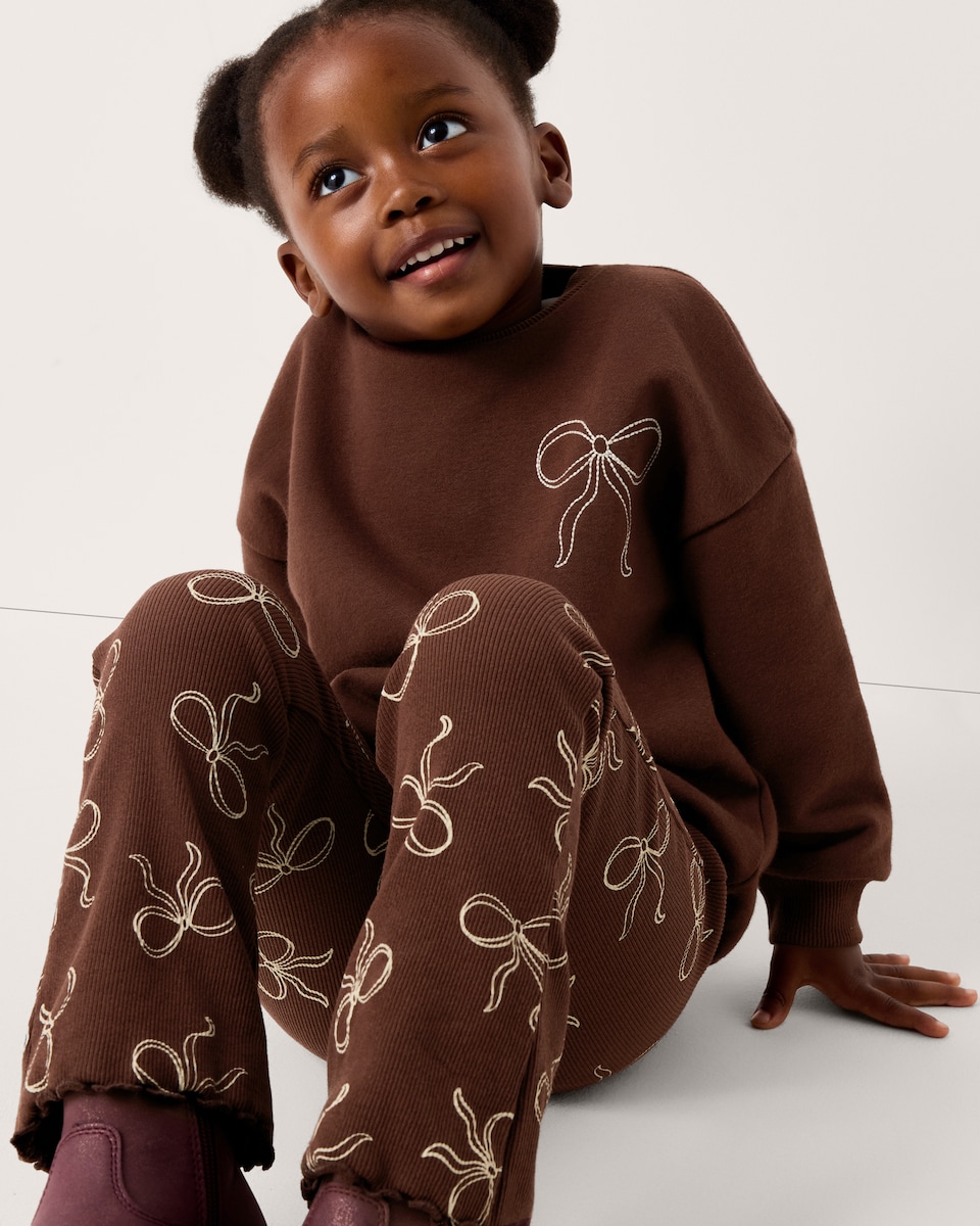 image 1 of F&F Girls Cotton Rich Bow Sweatshirt and Leggings Set in Brown
