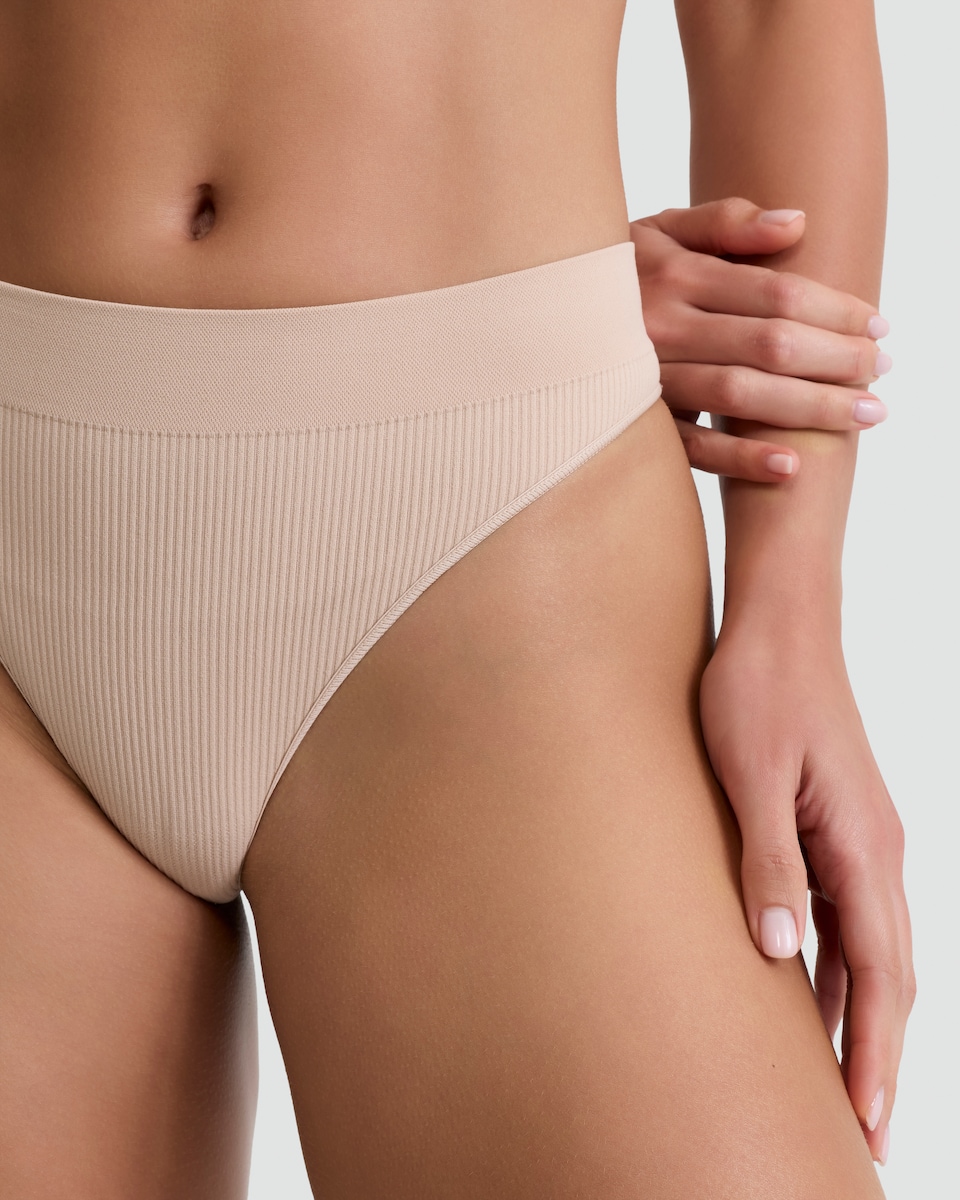 image 1 of F&F 3-Pack Ribbed Thongs in Neutral