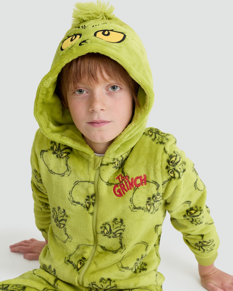 image 1 of The Grinch Fleece Printed Zip Up Onesie in Green