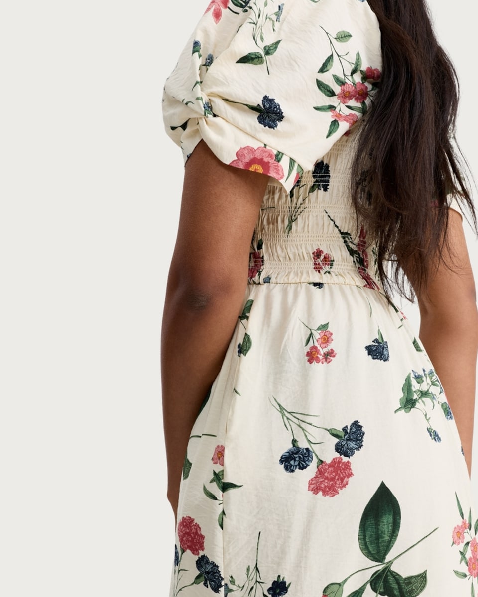 image 1 of F&F Floral Print Puff Sleeved Midi Dress in Cream