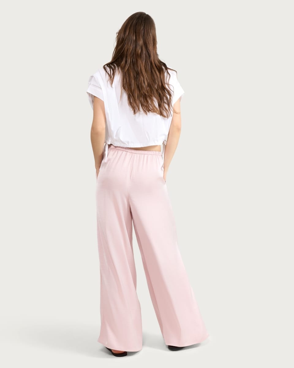 image 1 of F&F Satin Wide Leg Drawstring Trousers in Pink