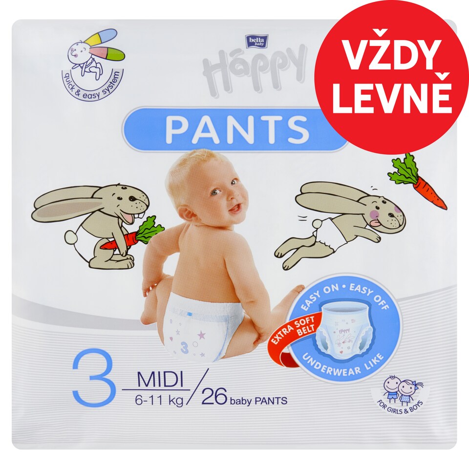 Bella Baby Happy Dětské plenkové kalhotky 3 midi 6-11 kg 26 ks