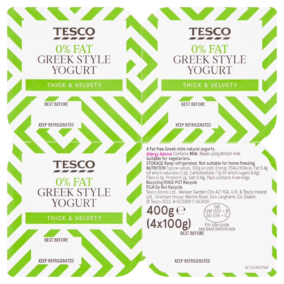 Tesco 0% Fat Greek Style Yogurt 4X100g