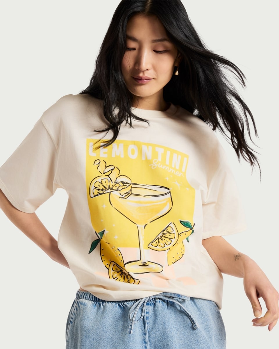 image 1 of F&F Pure Cotton Lemontini Summer Print T-Shirt in Cream