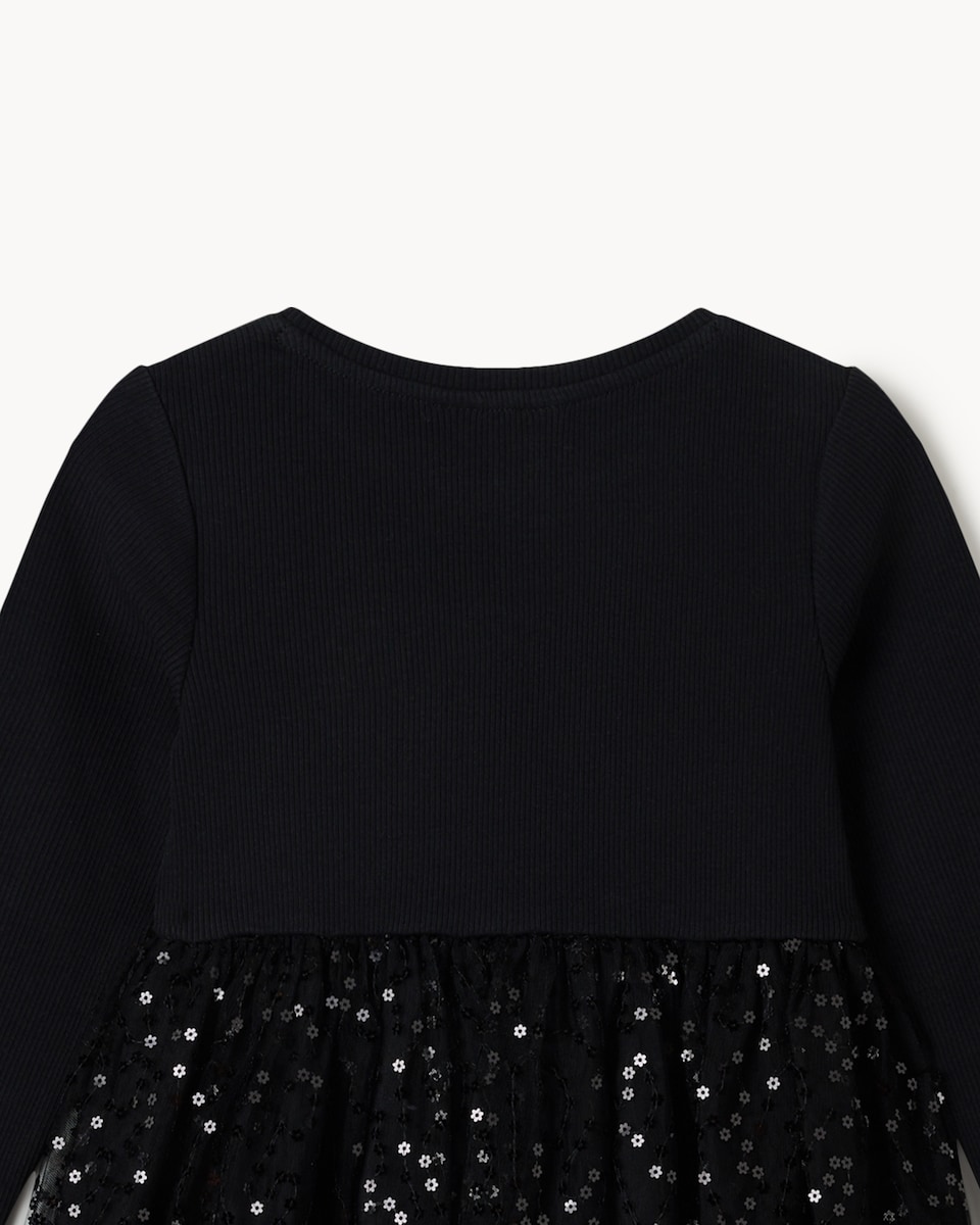 image 1 of F&F Girls Cotton Rich Sequin Tutu Dress in Black