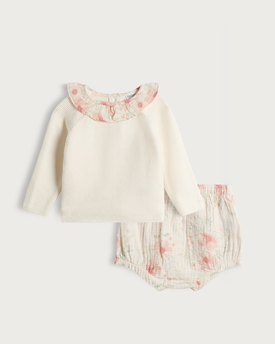 image 1 of F&F Baby 2-Piece Pure Cotton Floral Jumper and Bloomers Set in White