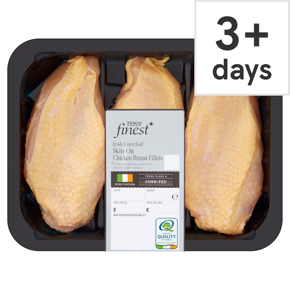 Tesco Finest Irish Cornfed Skin On Chicken Breast Fillets 490G