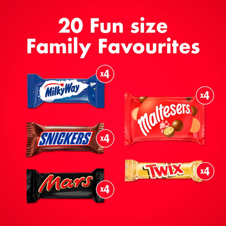 image 1 of Mars, Snickers, Milky Way, Maltesers, Twix Family Favourites Funsize 20 Bags/Bars 358g