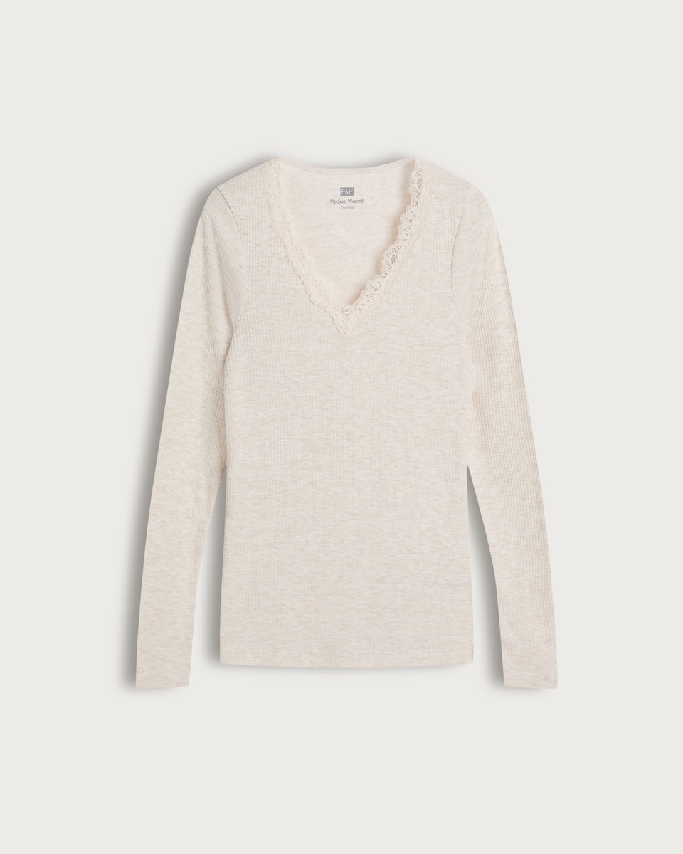 image 1 of F&F Medium Warmth Thermal Lace Trim Long Sleeved Top in Neutral
