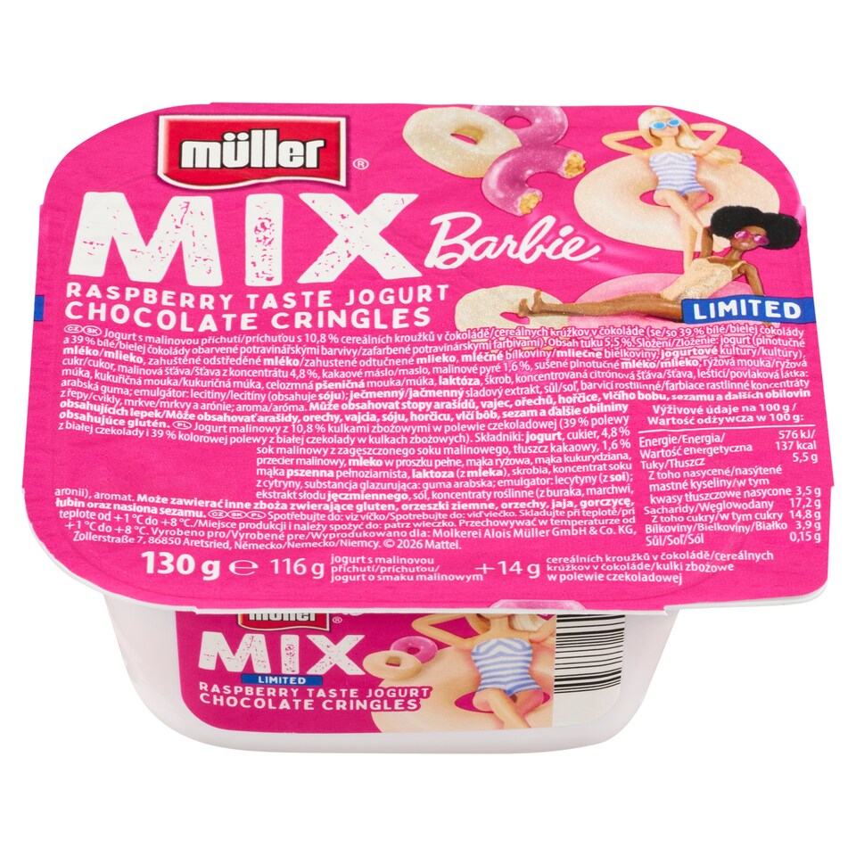 obrázok 1 z Müller Mix Barbie jogurt s malinovou príchuťou s cereálnymi krúžkami v čokoláde 130 g