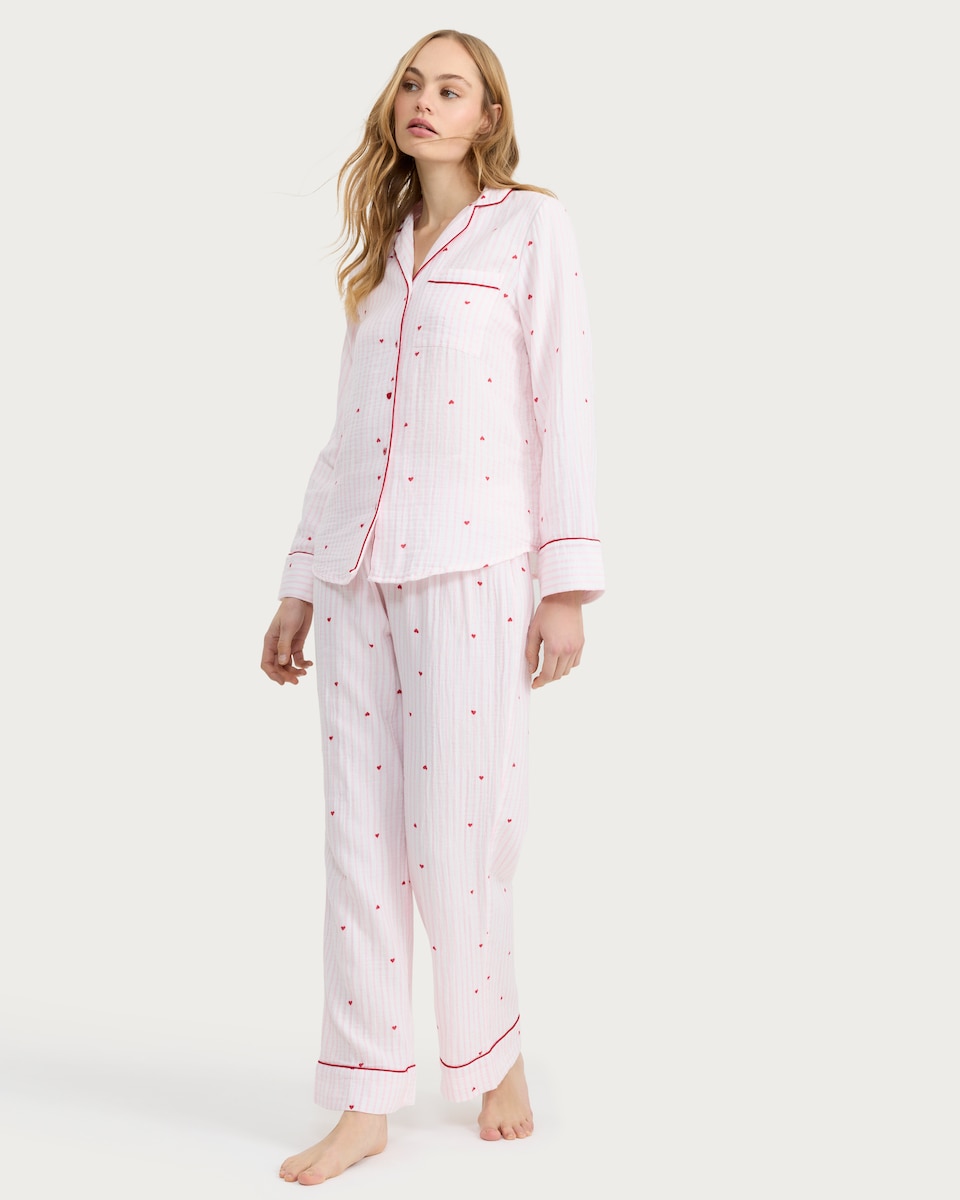 image 1 of F&F Pure Cotton Stripe Heart Print Pyjama Set in Pink