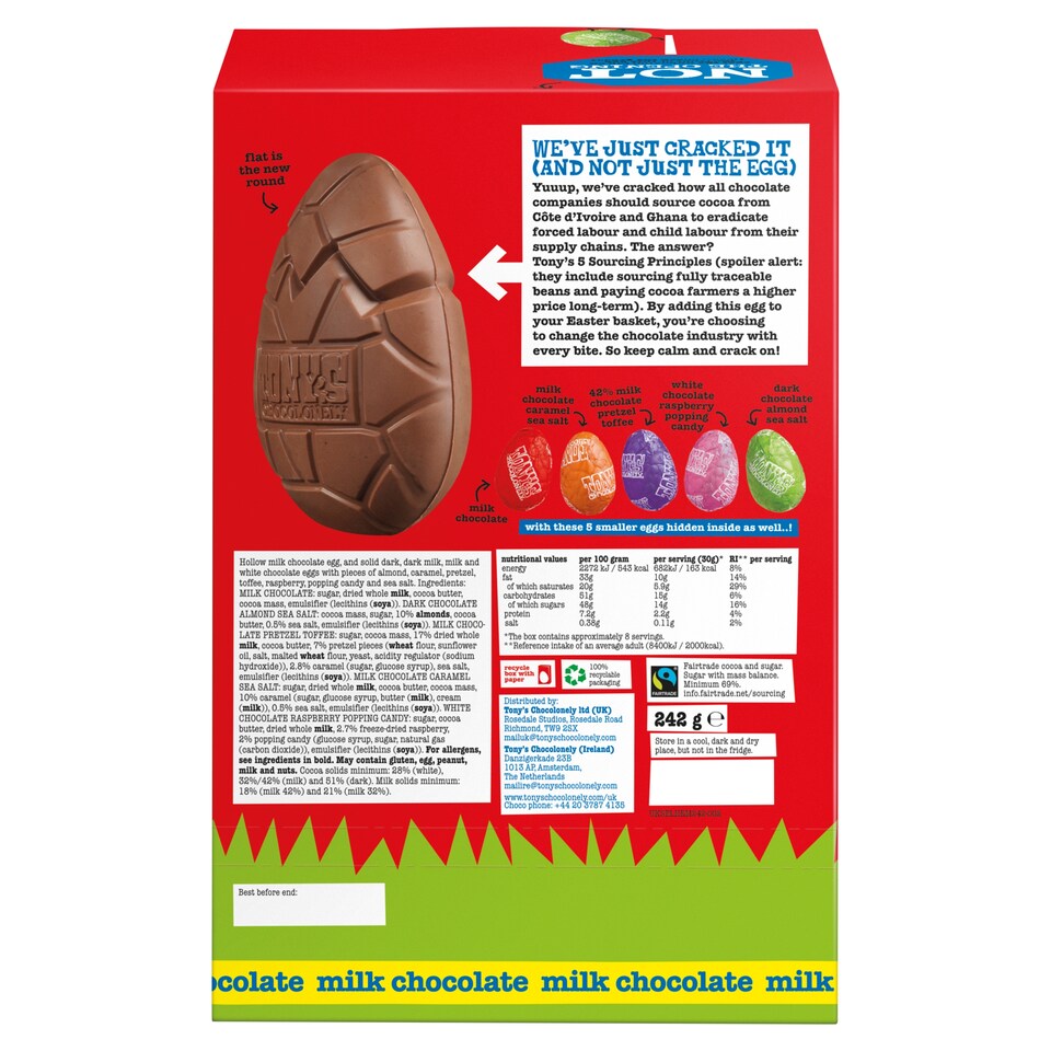 image 1 of Tonys Chocolonely Milk Chocolate Easter Egg 242G