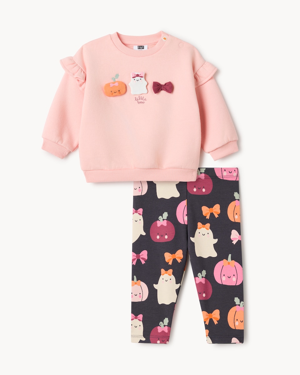 image 1 of F&F Baby Cotton Rich Halloween Sweatshirt and Leggings Set in Pink