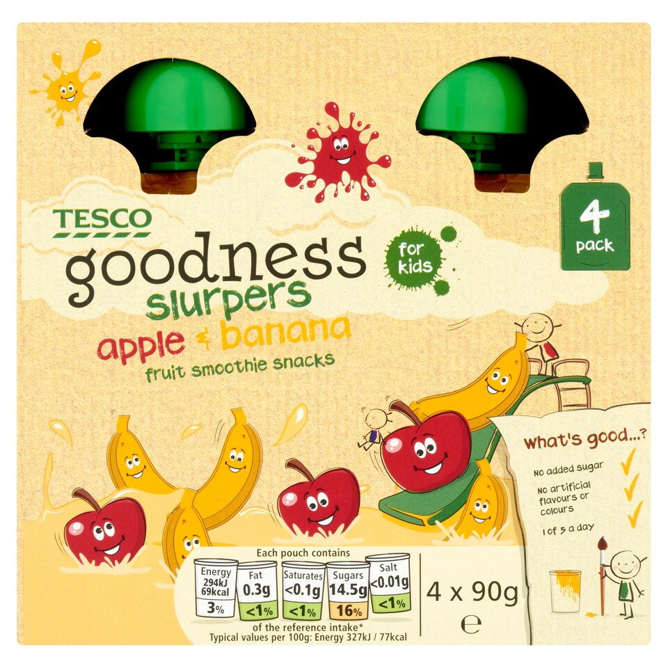 Tesco Goodness Apple & Banana Fruit Slurpers 4X90g