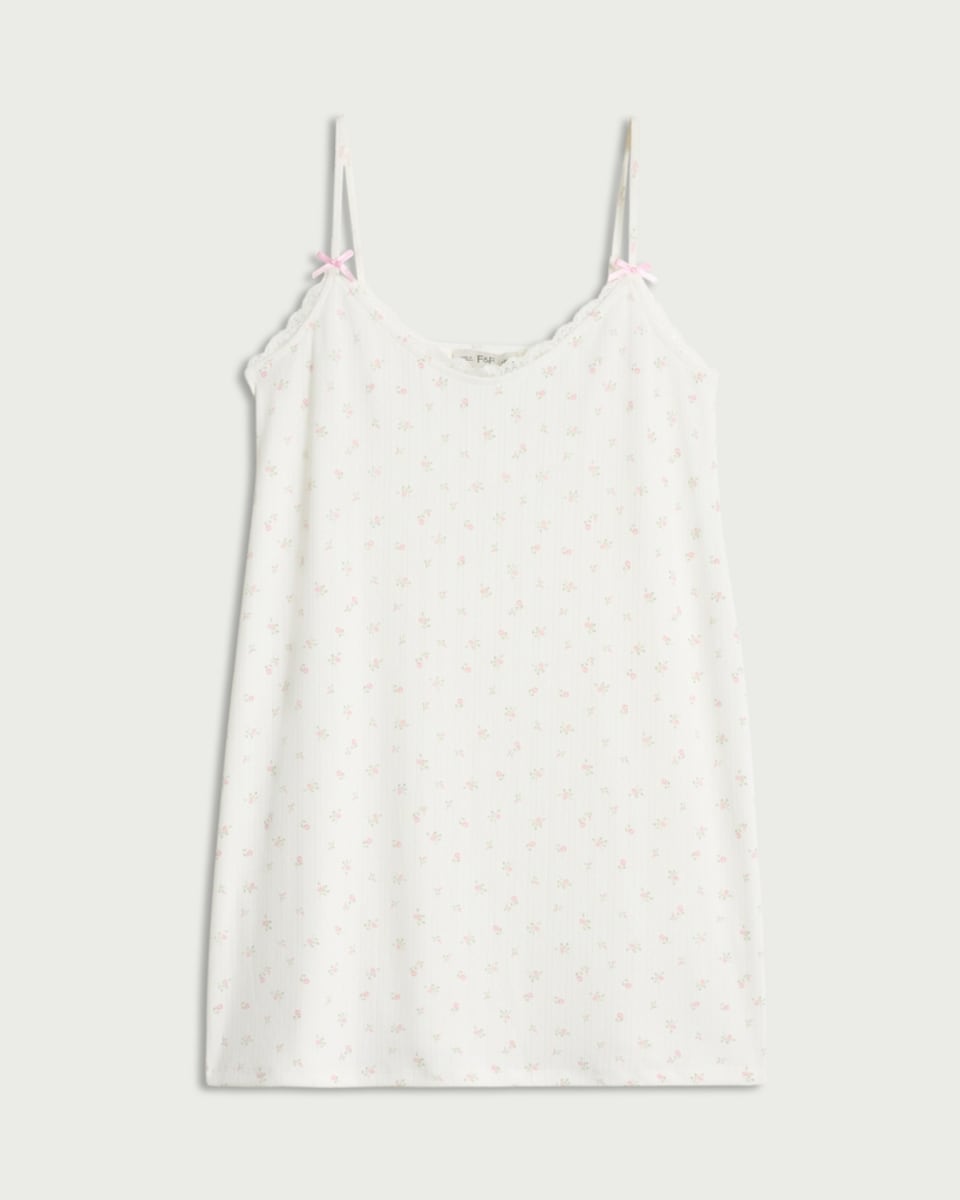 image 1 of F&F Ribbed Floral Print Pyjama Nightdress in Multi White