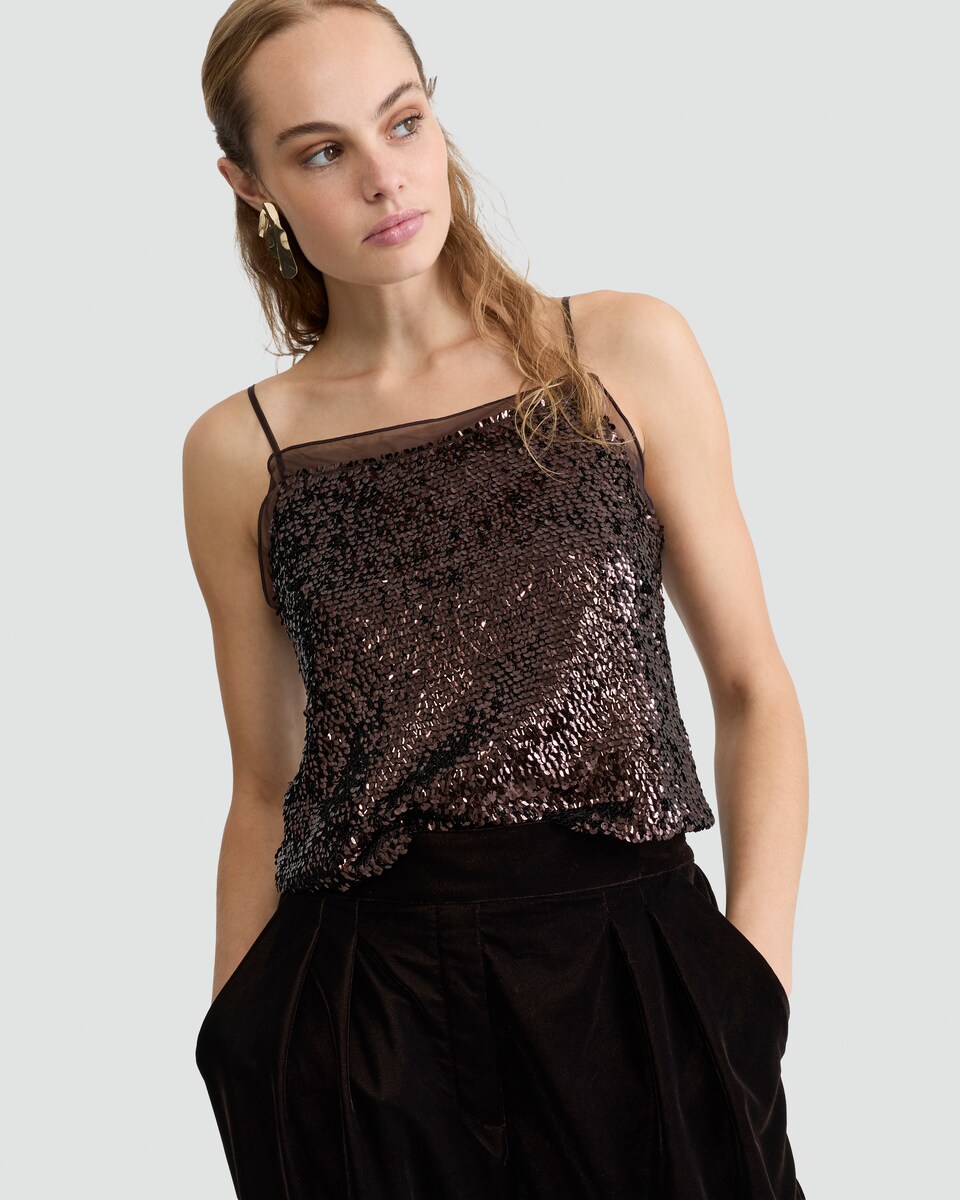 image 1 of F&F Organza Trim Sequin Embellished Co-ord Camisole in Brown