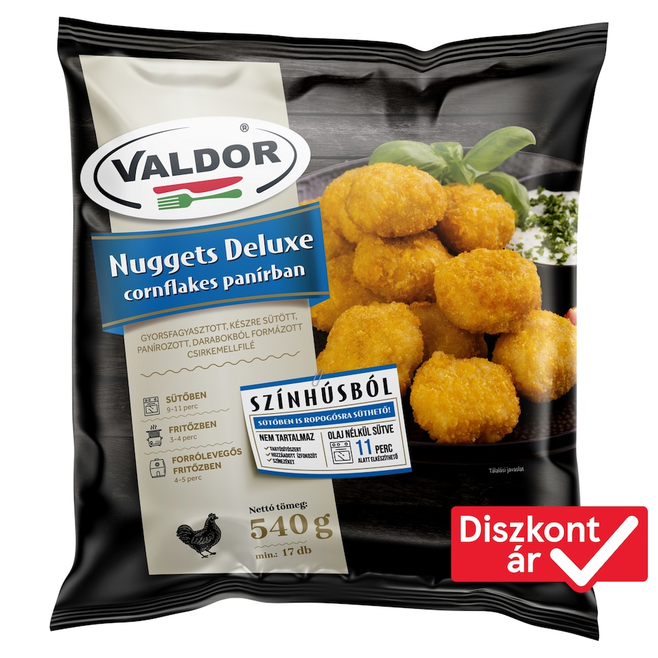 Valdor Nuggets Deluxe gyorsfagyasztott, készre sütött csirkemellfilé cornflakes panírban 540 g