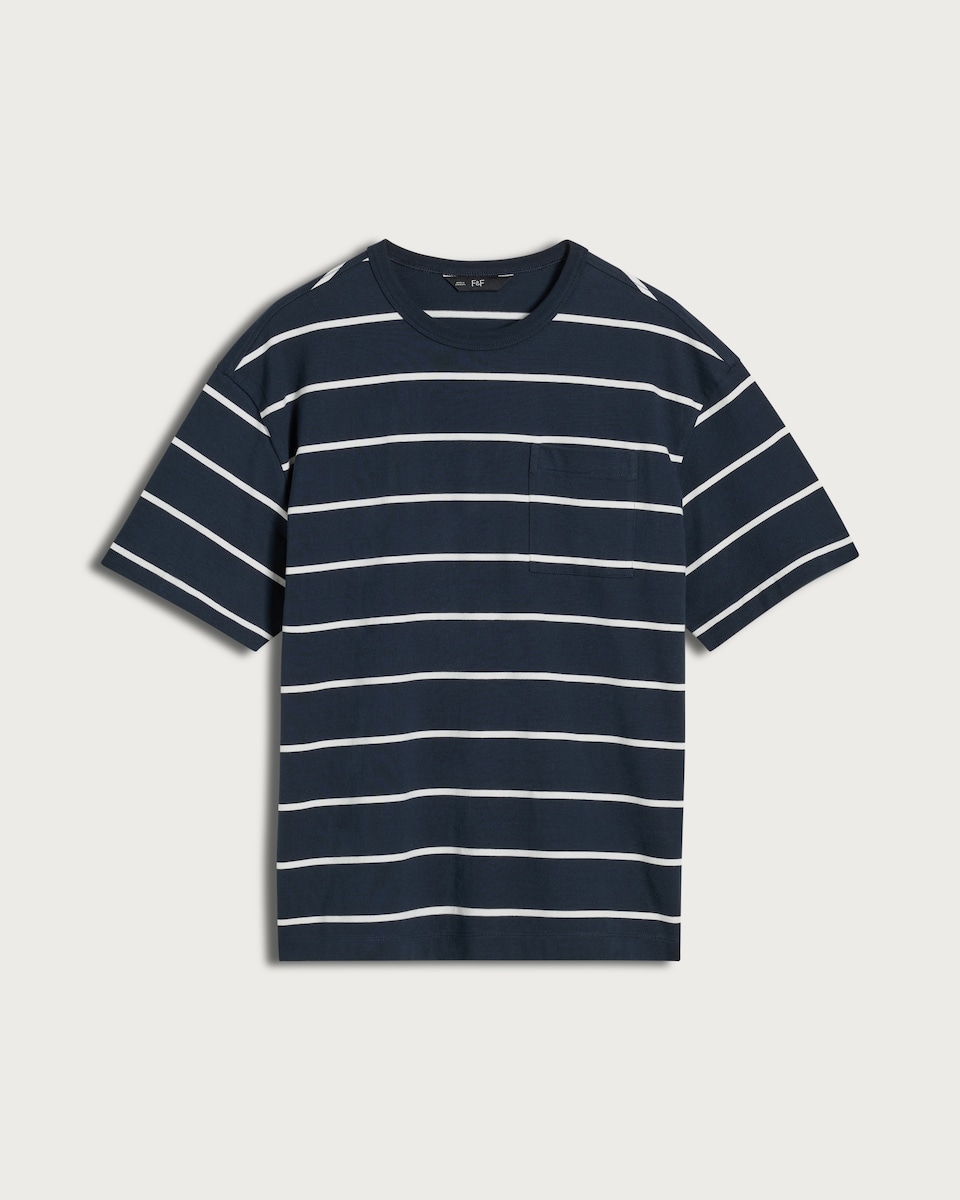 image 1 of F&F Pure Cotton Stripe Print Short Sleeved Relaxed Fit T-Shirt in Navy