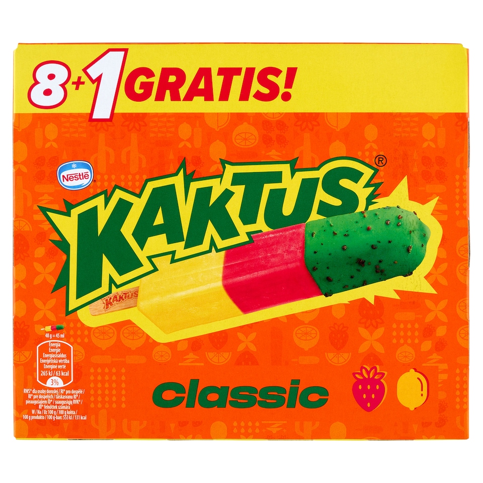 Kaktus Classic citromízű vizes jégkrém és eper szorbé, rágógumiízű bevonattal 9 x 45 ml (405 ml)  1. kép