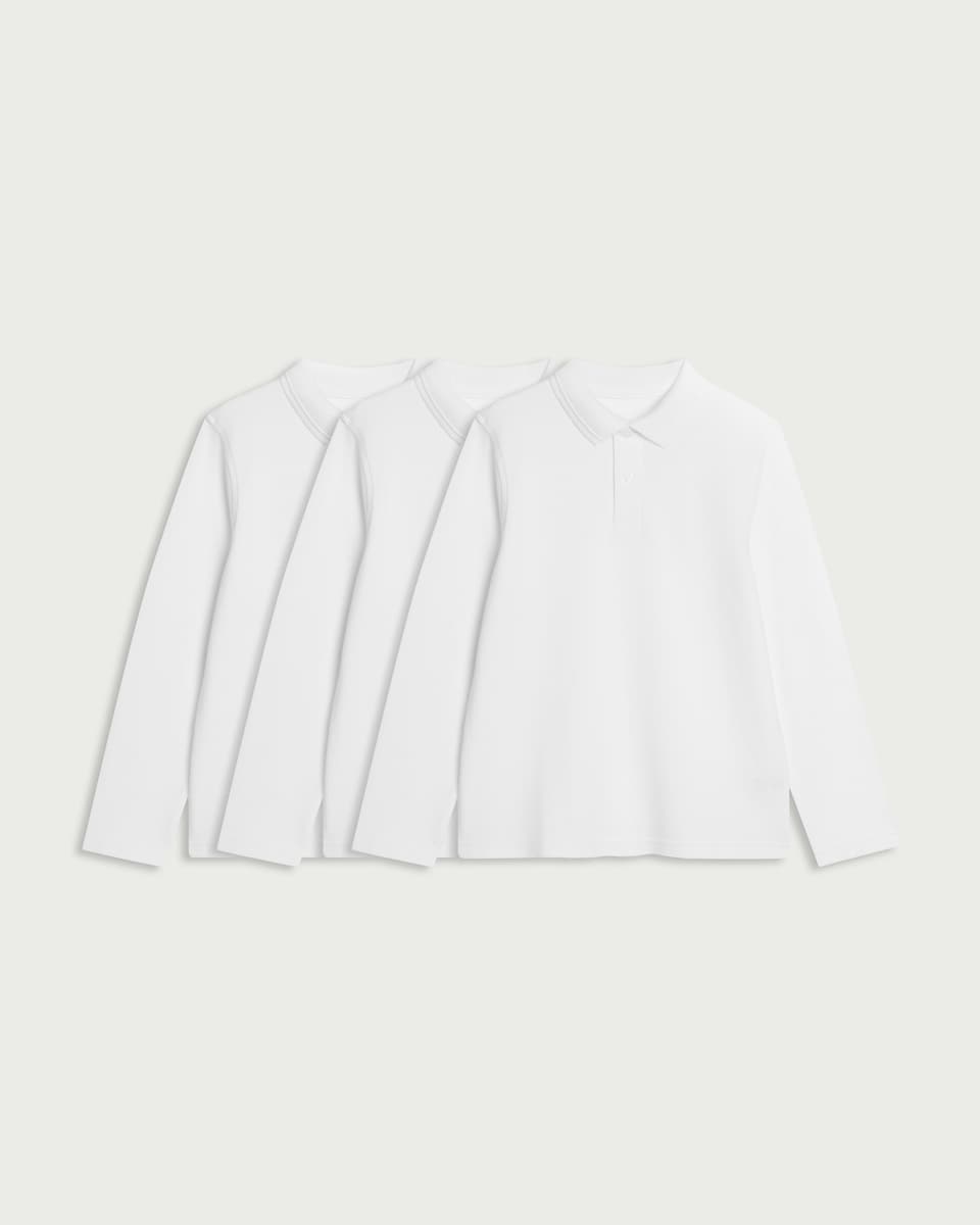 image 1 of F&F School Unisex 3-Pack Pure Cotton Long Sleeved Polo Shirts in White