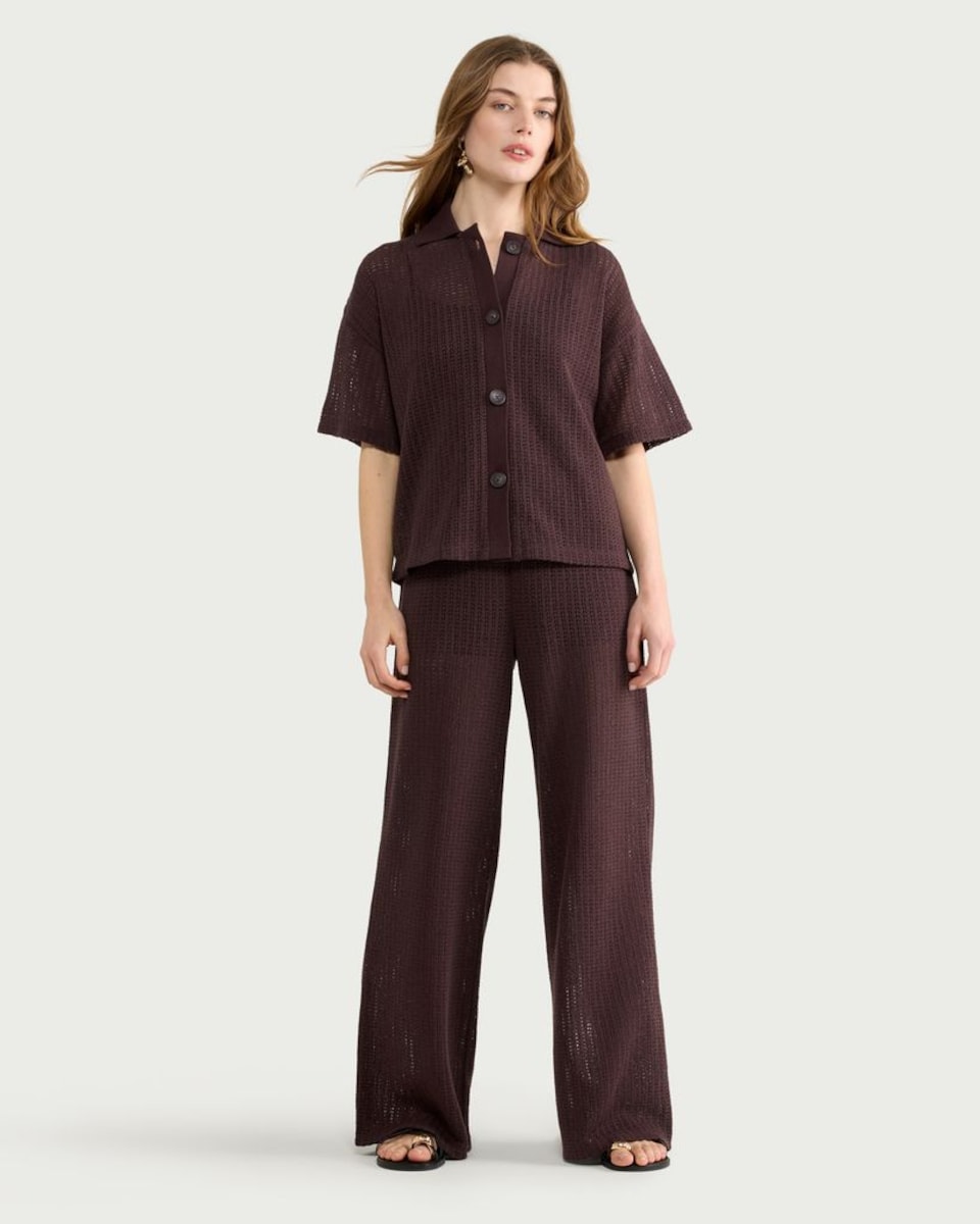 image 1 of F&F Textured Wide Leg Co-ord Trousers in Brown