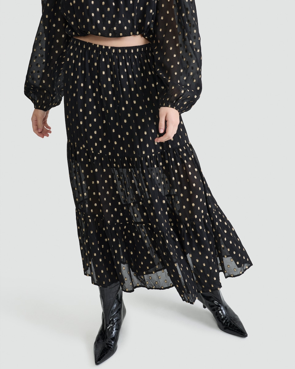 image 1 of F&F Tiered Metallic Polka Dot Co-ord Midi Skirt in Black