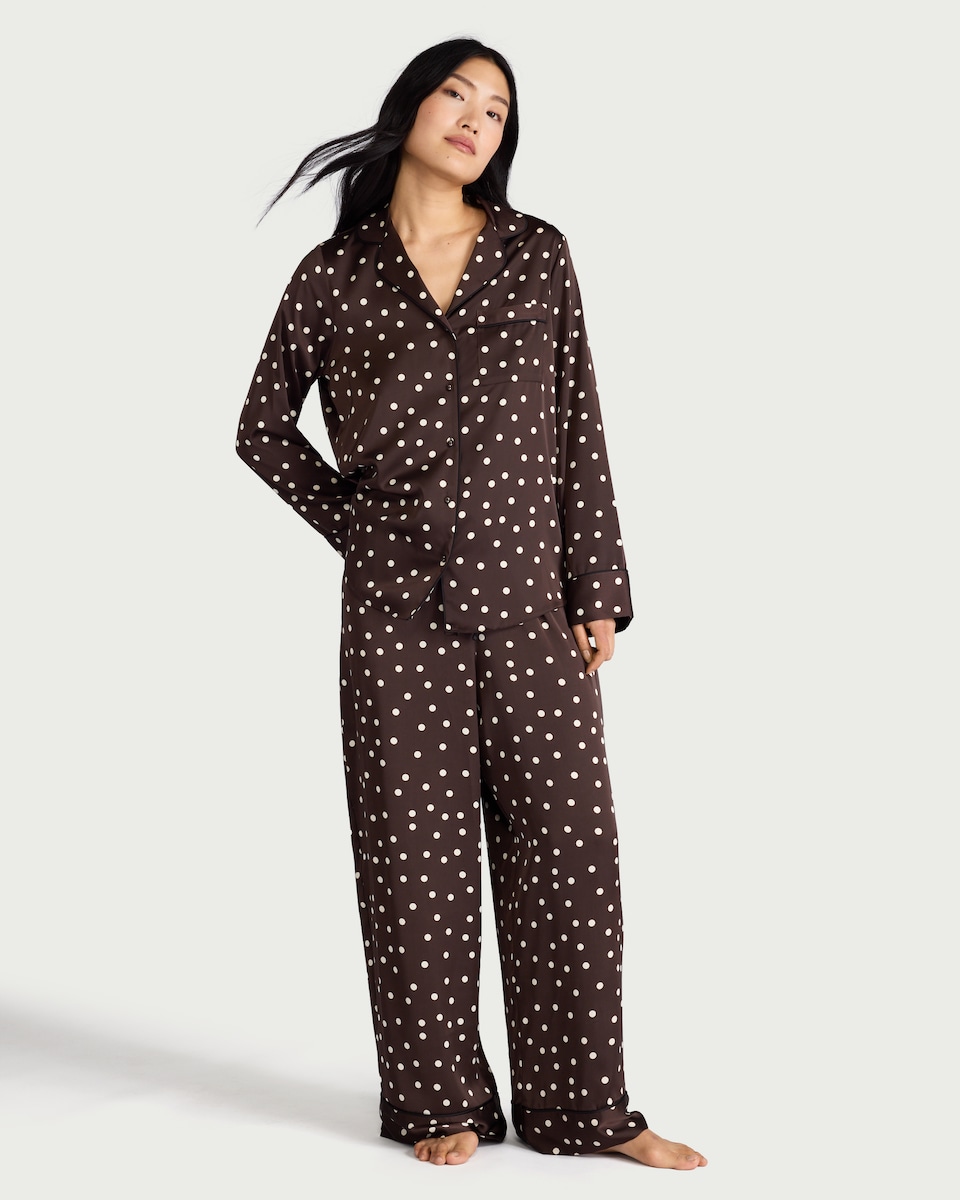 image 1 of F&F 2-Piece CoolEase™ Satin Polka Dot Revere Pyjama Set in Chocolate